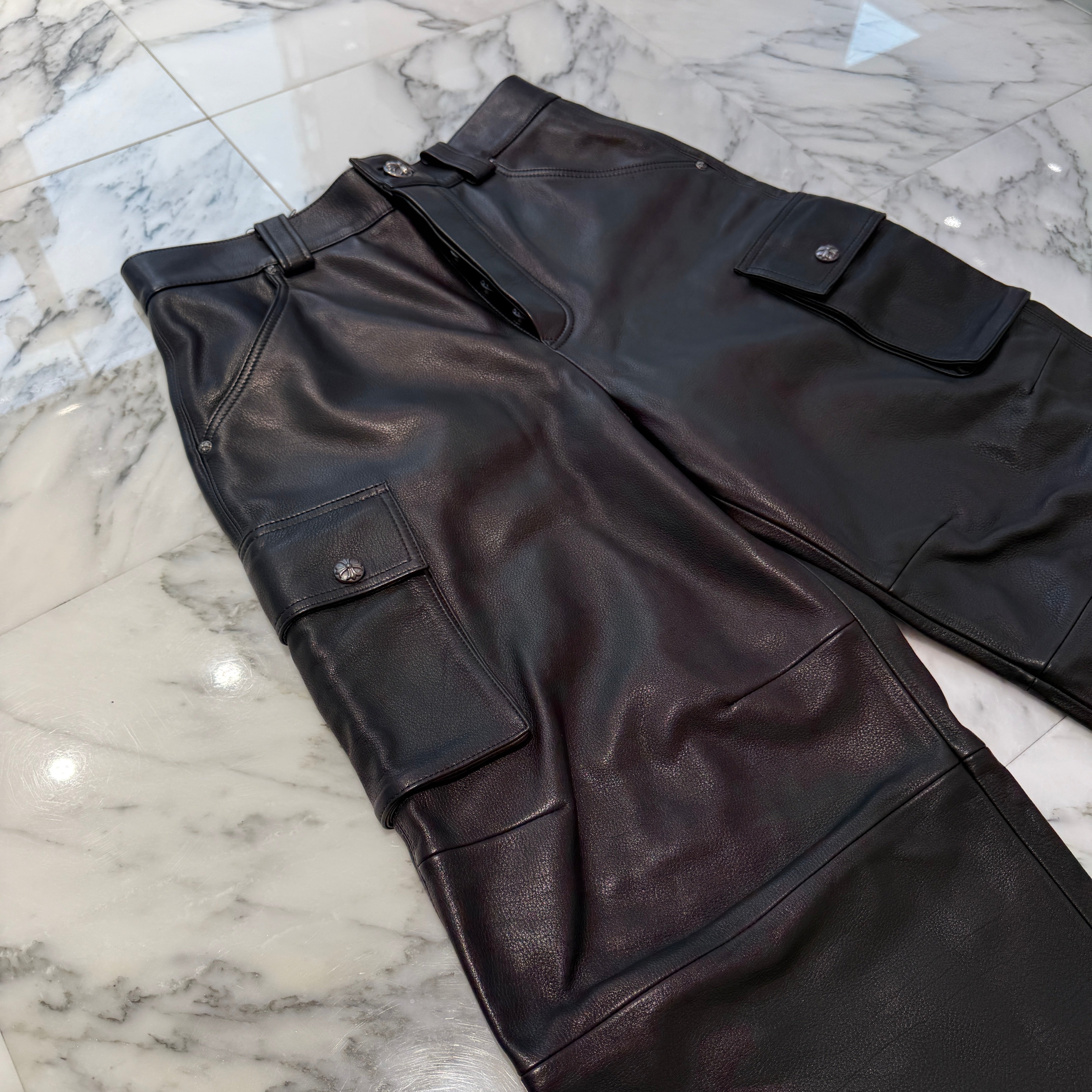 CHROME HEARTS Cross Ball Button Leather Cargo Pants Size 32 クロムハーツ クロスボールボタン レザー カーゴパンツ サイズ32