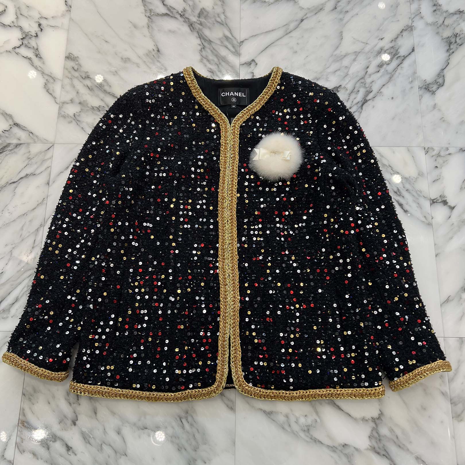 CHANEL 2022SS Collarless Sequin Jacket P72526V64243 Size 46 シャネル ノーカラー スパンコール ジャケット サイズ46