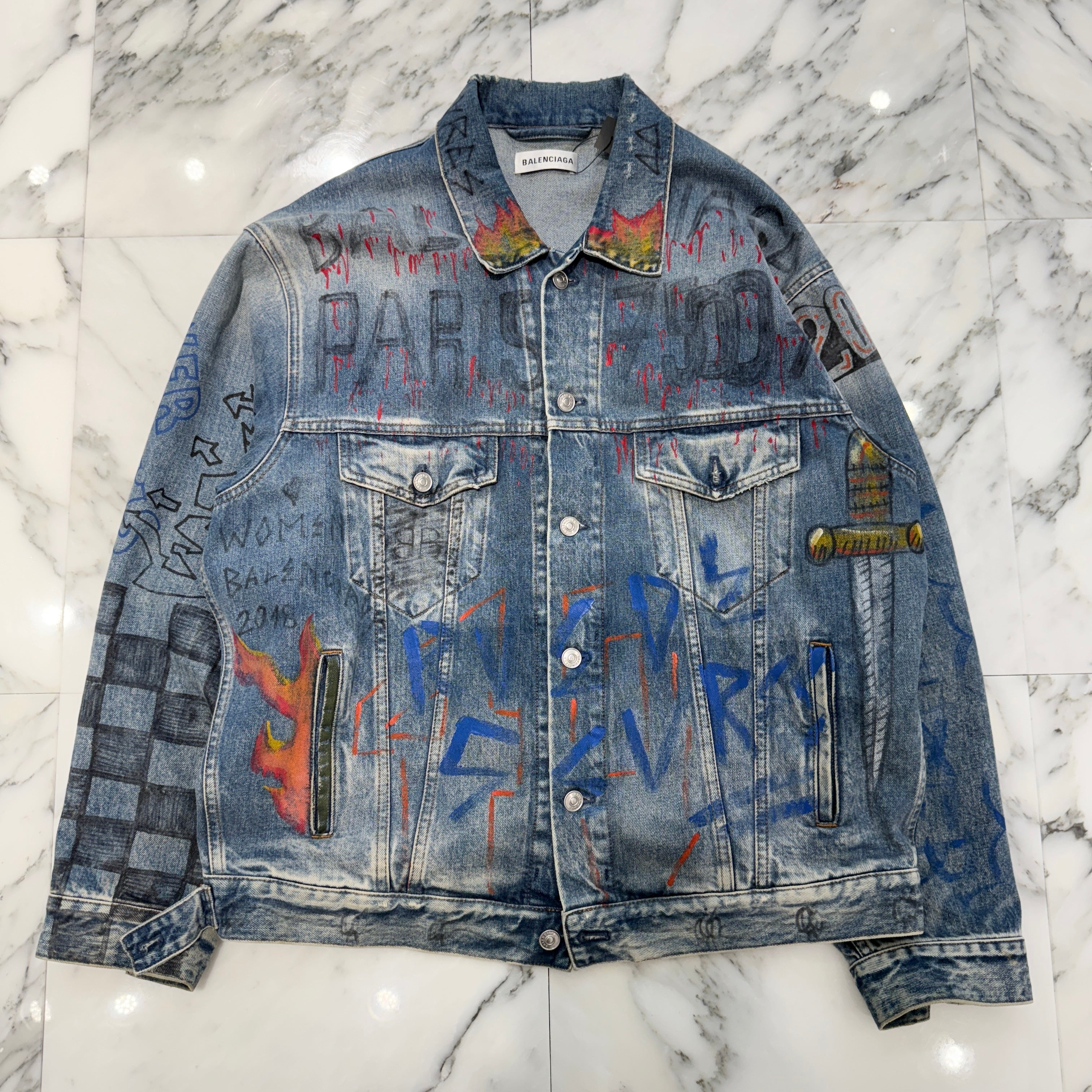 BALENCIAGA 2018AW Glafitti Oversized Denim Jacket 530723 TXE08 Size34 バレンシアガ グラフィティ オーバーサイズ デニムジャケット サイズ34