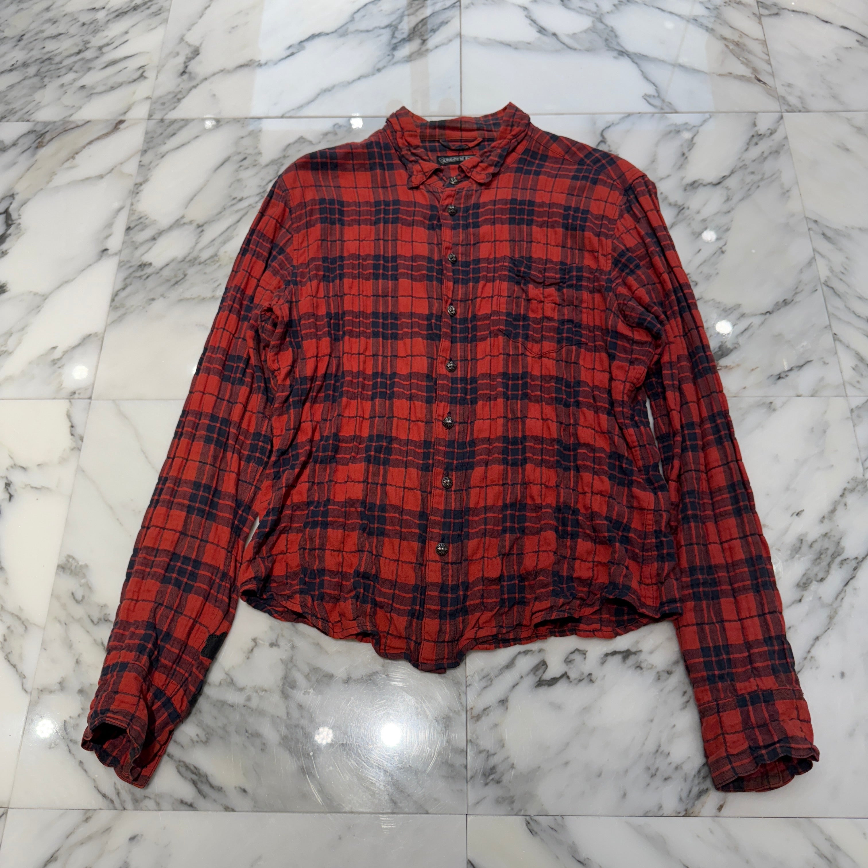 CHROME HEARTS Cross Ball Button Leather Cross Patch Check Shirt Size M クロムハーツ クロスボールボタン レザークロスパッチ チェックシャツ サイズM