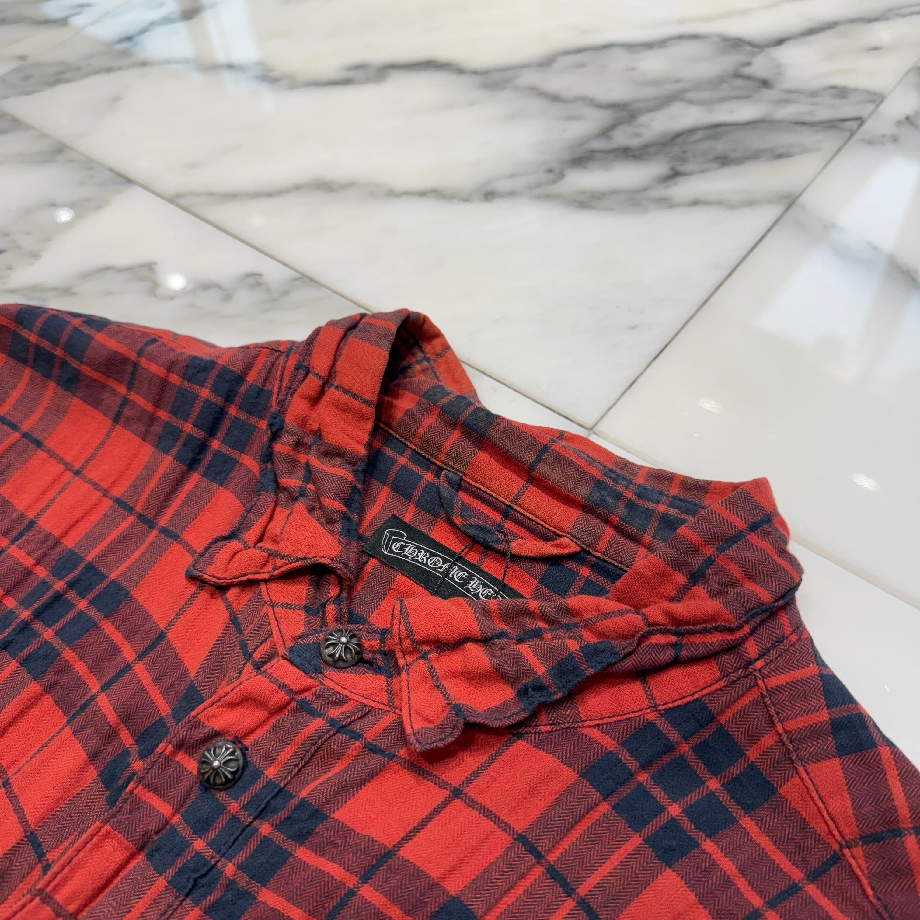 CHROME HEARTS Cross Ball Button Leather Cross Patch Check Shirt Size M クロムハーツ クロスボールボタン レザークロスパッチ チェックシャツ サイズM