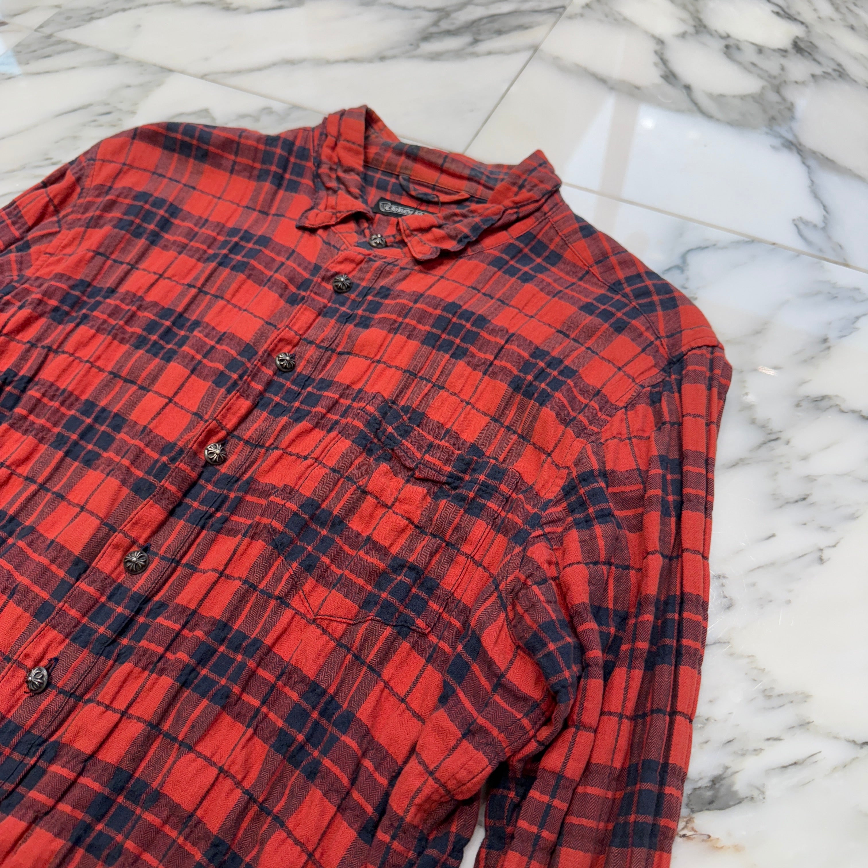 CHROME HEARTS Cross Ball Button Leather Cross Patch Check Shirt Size M クロムハーツ クロスボールボタン レザークロスパッチ チェックシャツ サイズM