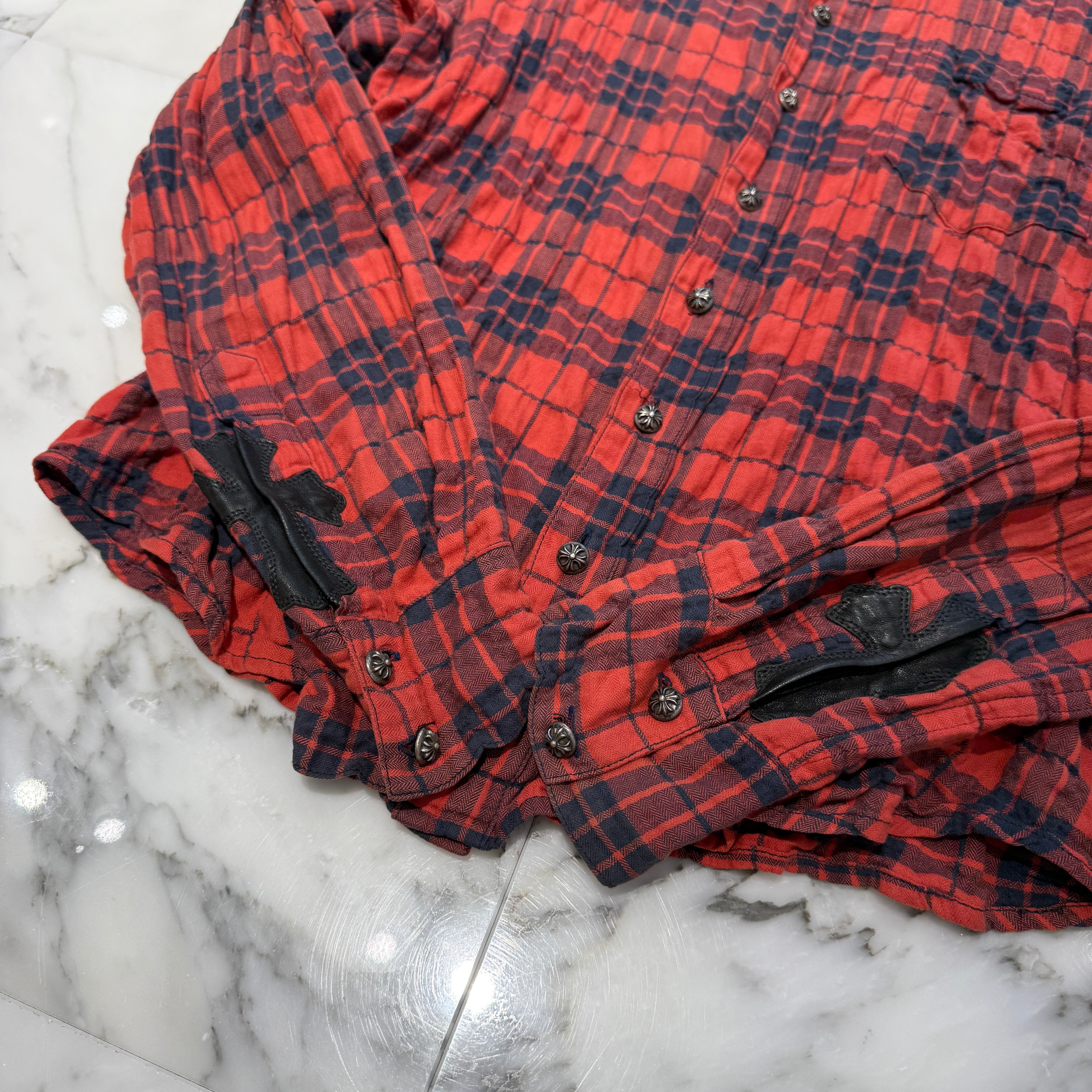 CHROME HEARTS Cross Ball Button Leather Cross Patch Check Shirt Size M クロムハーツ クロスボールボタン レザークロスパッチ チェックシャツ サイズM