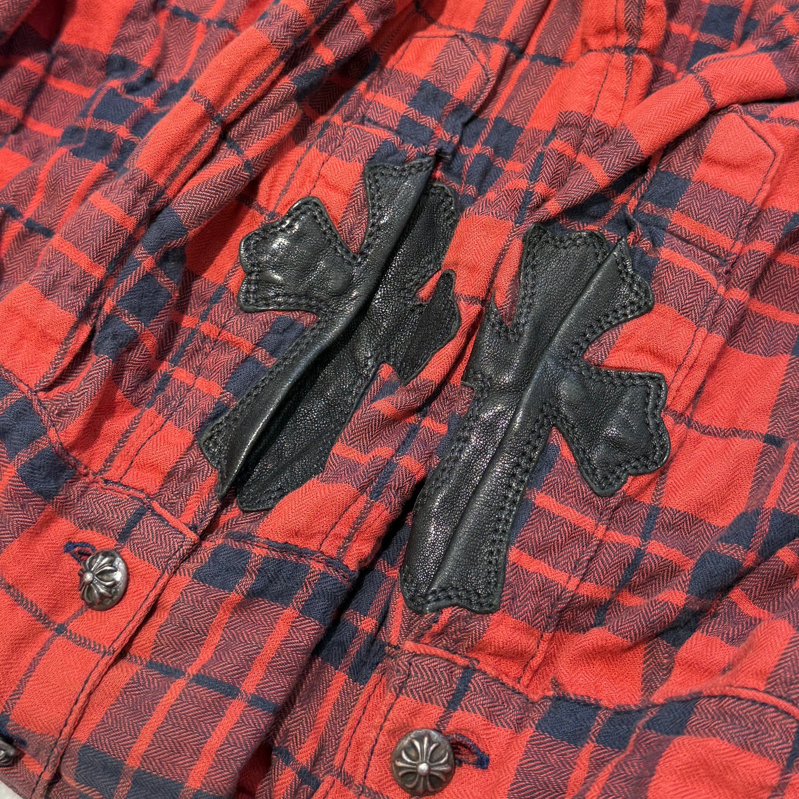 CHROME HEARTS Cross Ball Button Leather Cross Patch Check Shirt Size M クロムハーツ クロスボールボタン レザークロスパッチ チェックシャツ サイズM