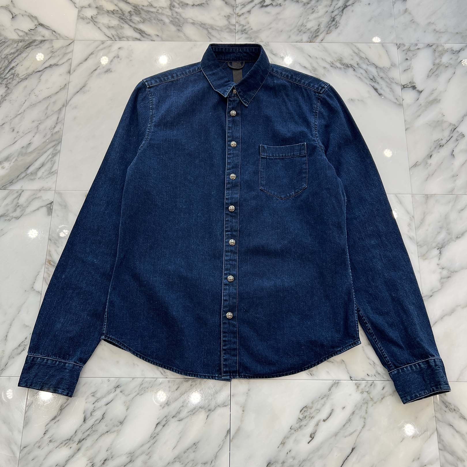 CHROME HEARTS Y NOT Leather Cross Patch Denim Shirt Size L クロムハーツ レザークロスパッチ デニムシャツ サイズL