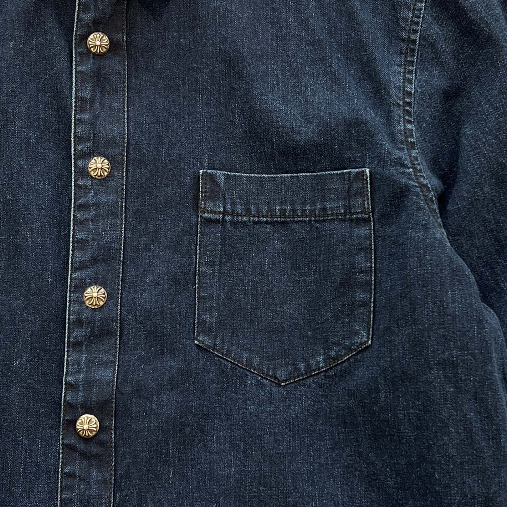 CHROME HEARTS Y NOT Leather Cross Patch Denim Shirt Size L クロムハーツ レザークロスパッチ デニムシャツ サイズL