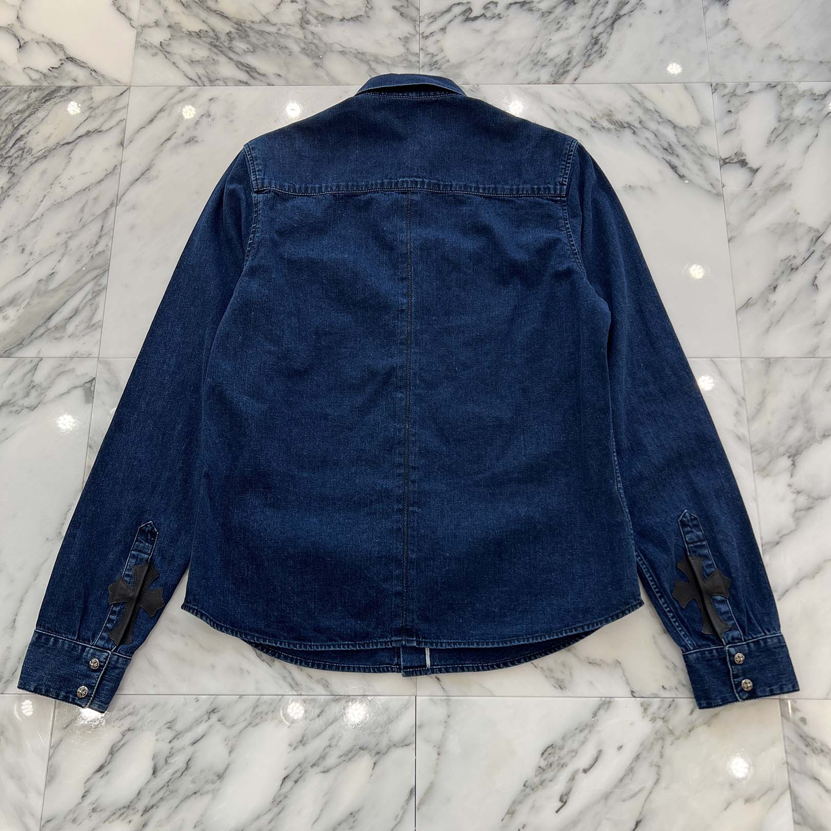 CHROME HEARTS Y NOT Leather Cross Patch Denim Shirt Size L クロムハーツ レザークロスパッチ デニムシャツ サイズL