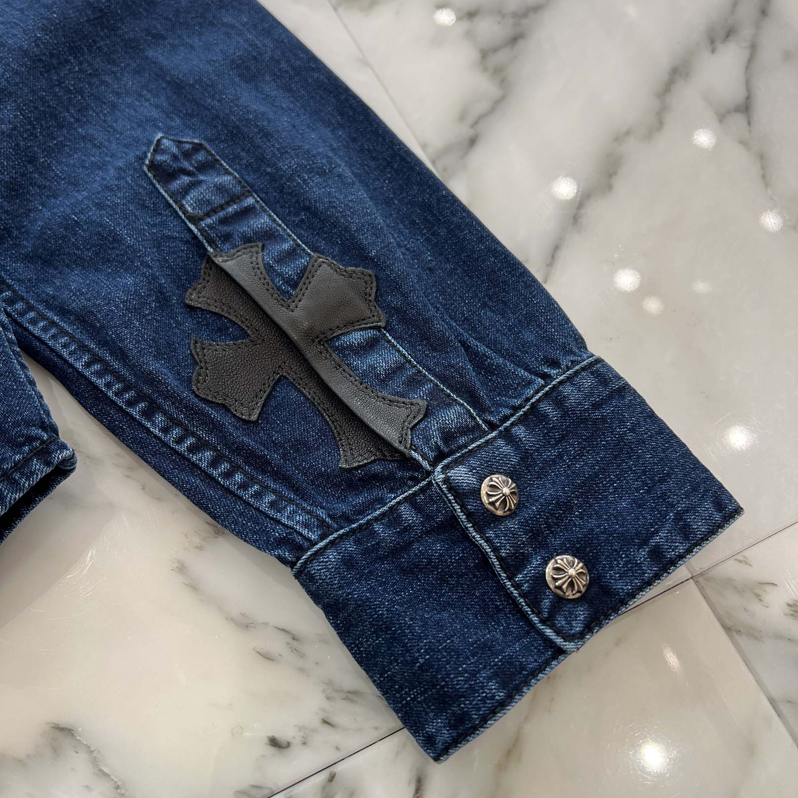 CHROME HEARTS Y NOT Leather Cross Patch Denim Shirt Size L クロムハーツ レザークロスパッチ デニムシャツ サイズL