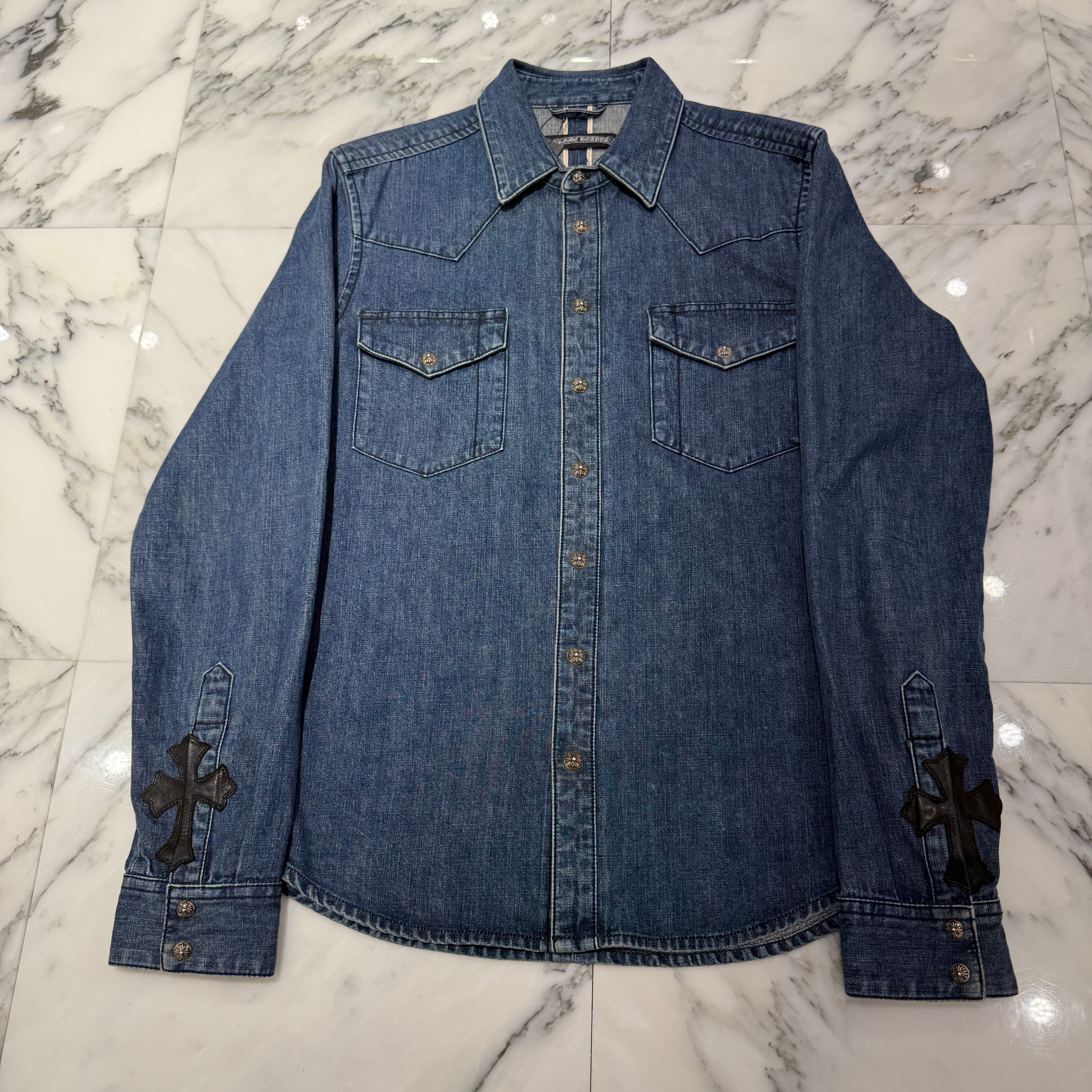 CHROME HEARTS Cross Ball Button Leather Cross Patch Denim Western