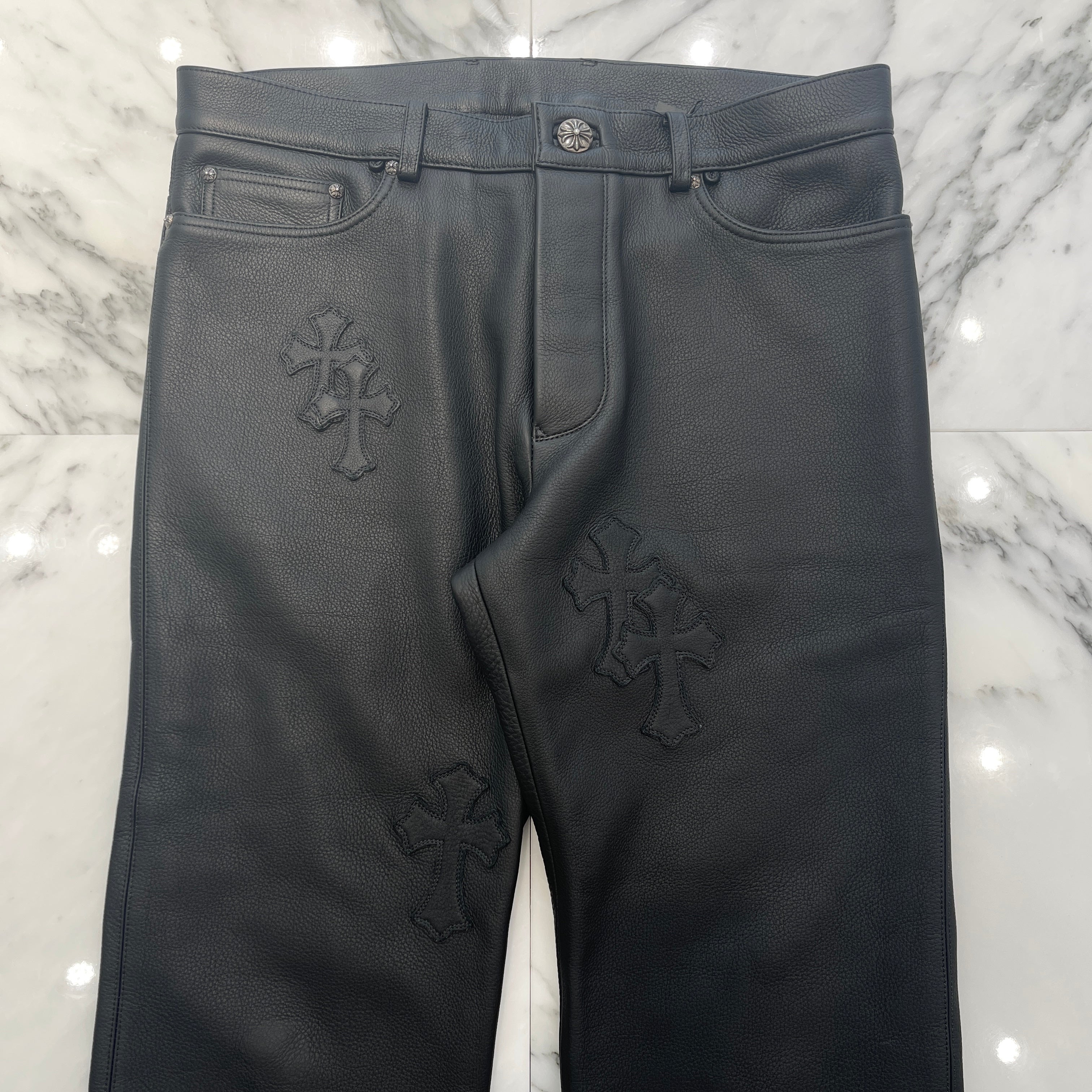 CHROME HEARTS Cross Patch Leather Long Pants Size 34 クロムハーツ クロスパッチ レザーロングパンツ サイズ34
