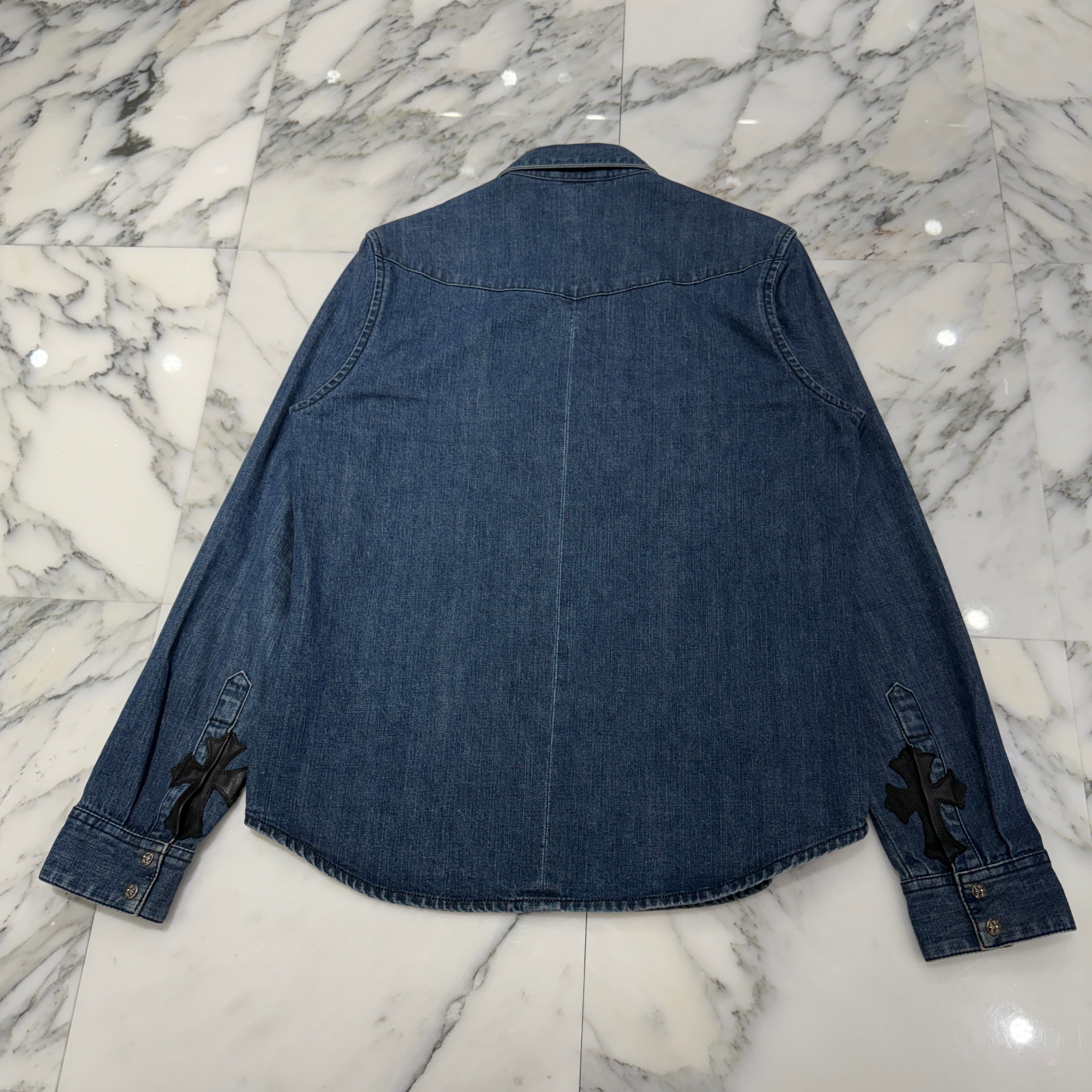 CHROME HEARTS Cross Ball Button Leather Cross Patch Denim Western Shirt Size L クロムハーツ クロスボールボタン レザークロスパッチ デニム ウェスタンシャツ サイズL