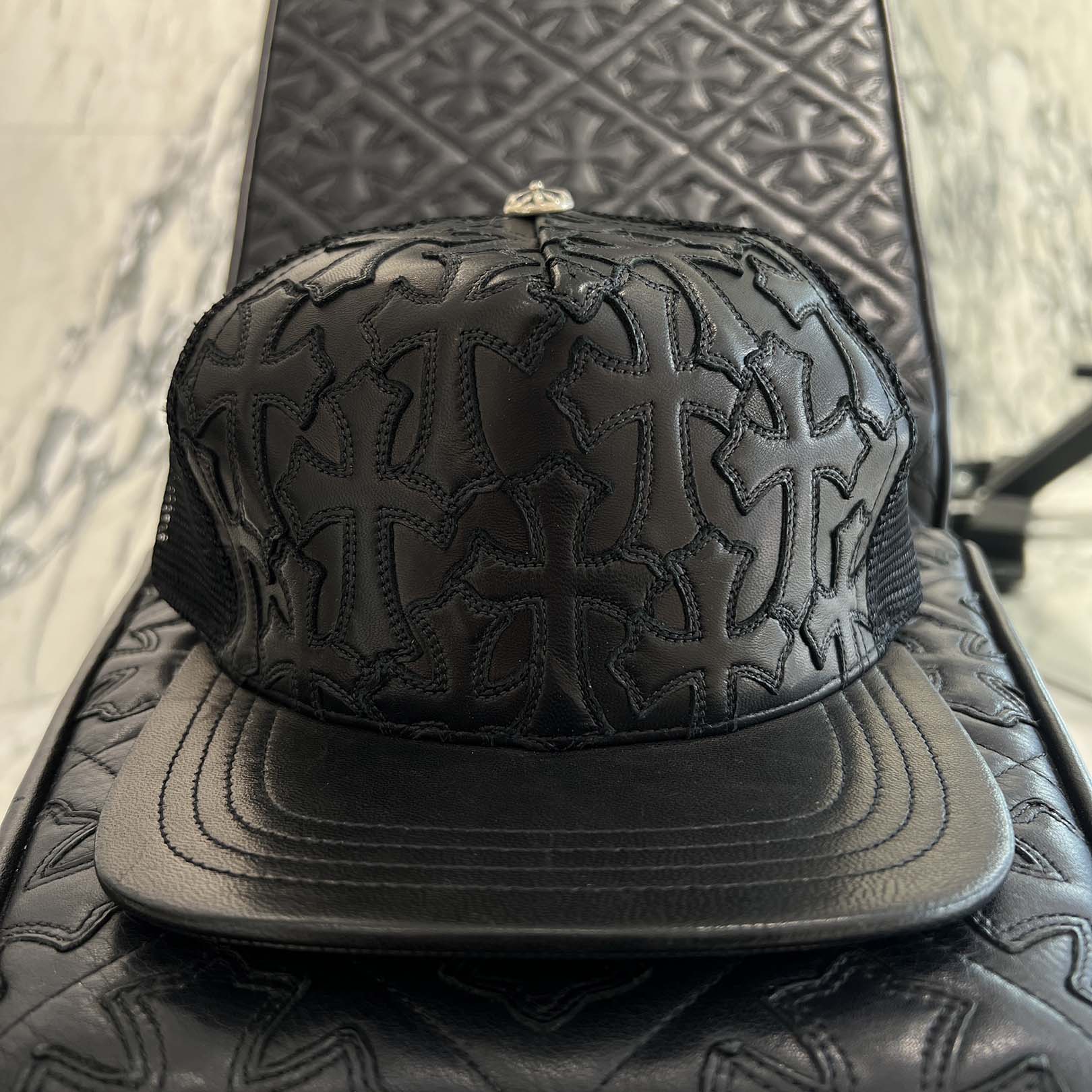 CHROME HEARTS Cemetary Cross Leather Patch Trucker Cap Size ONE