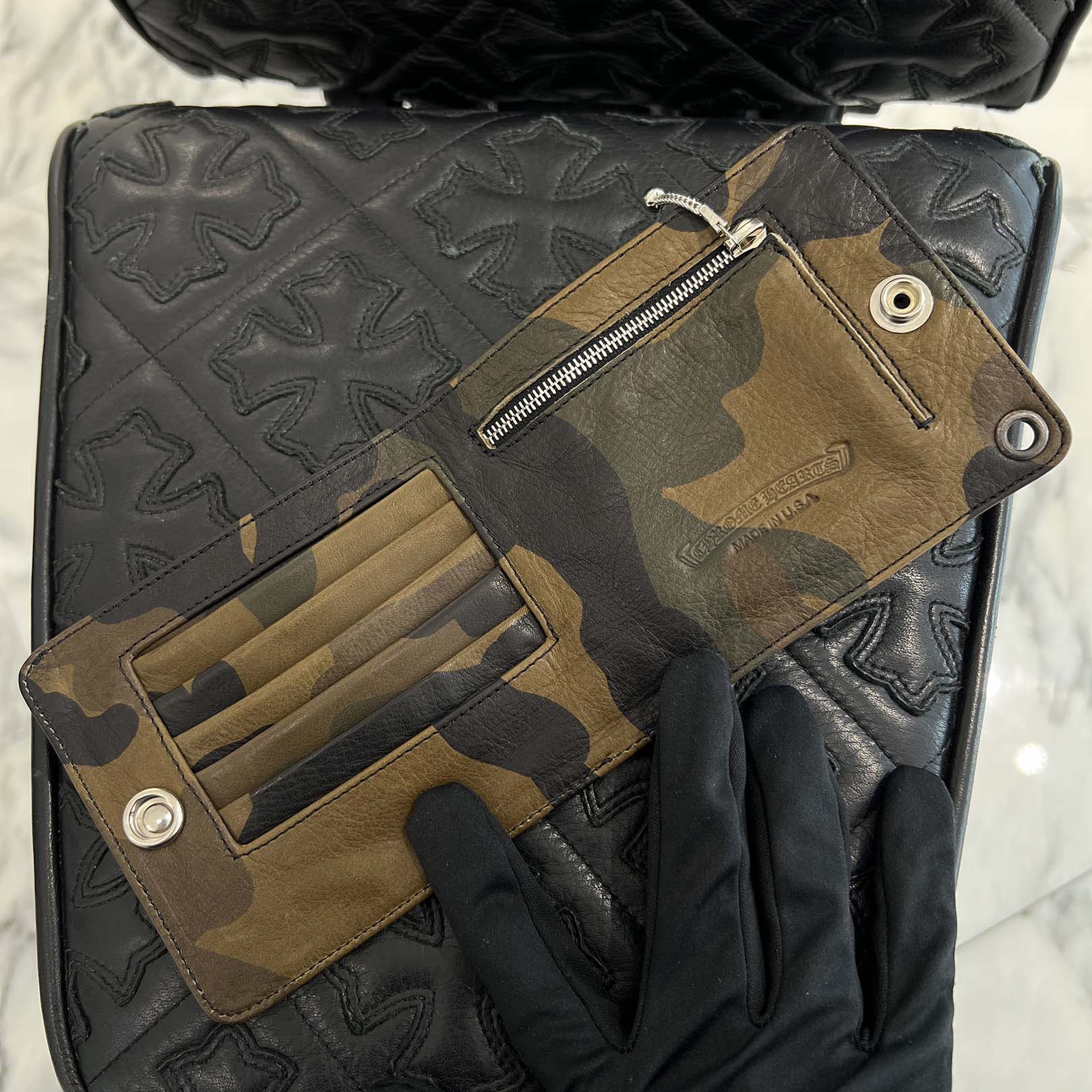 クロムハーツ  1SNAP スターボタン迷彩カモ柄レザー財布 メンズ CHROME HEARTS Camo 1SNAP Star Cross Ball Button Leather Wallet