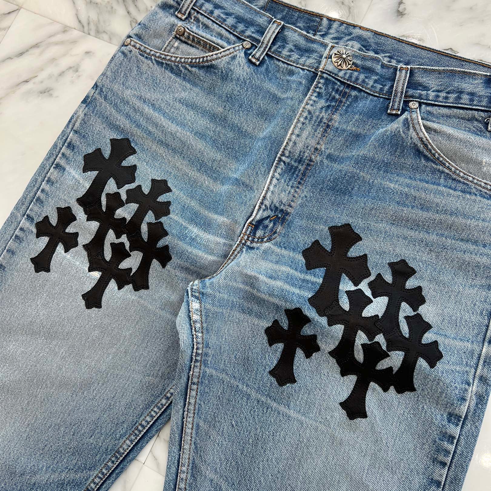 CHROME HEARTS × Levi's 505 VNTG Cemetery Leather Cross Patch Denim Pants Size 34 クロムハーツ × リーバイス 505 ヴィンテージ セメタリーレザークロスパッチ デニムパンツ サイズ34