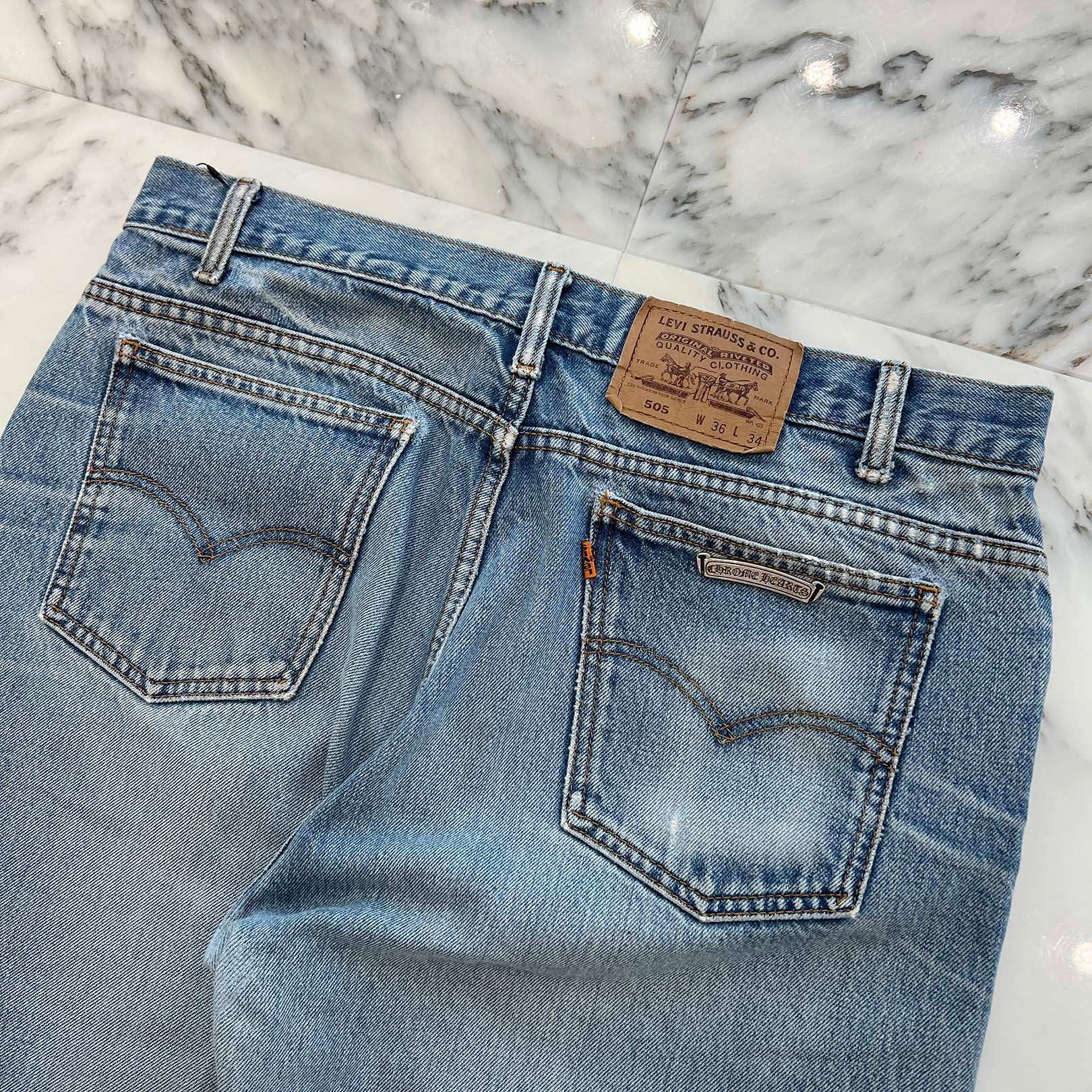 CHROME HEARTS × Levi's 505 VNTG Cemetery Leather Cross Patch Denim Pants Size 34 クロムハーツ × リーバイス 505 ヴィンテージ セメタリーレザークロスパッチ デニムパンツ サイズ34