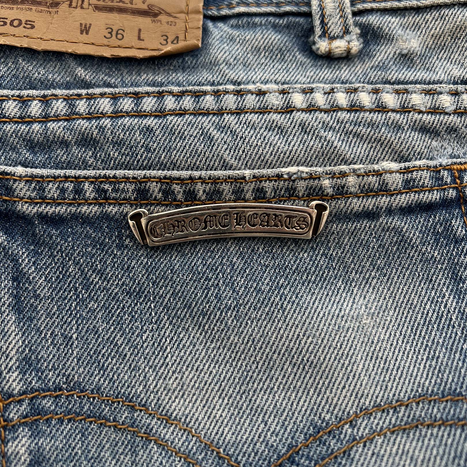 CHROME HEARTS × Levi's 505 VNTG Cemetery Leather Cross Patch Denim Pants Size 34 クロムハーツ × リーバイス 505 ヴィンテージ セメタリーレザークロスパッチ デニムパンツ サイズ34