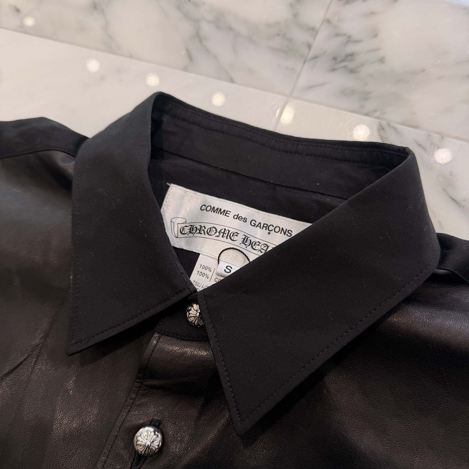 CHROME HEARTS × COMME des GARCONS Leather Switching Short Sleeve Shirt Size S クロムハーツ × コムデギャルソン レザー切替 ショートスリーブシャツ サイズS