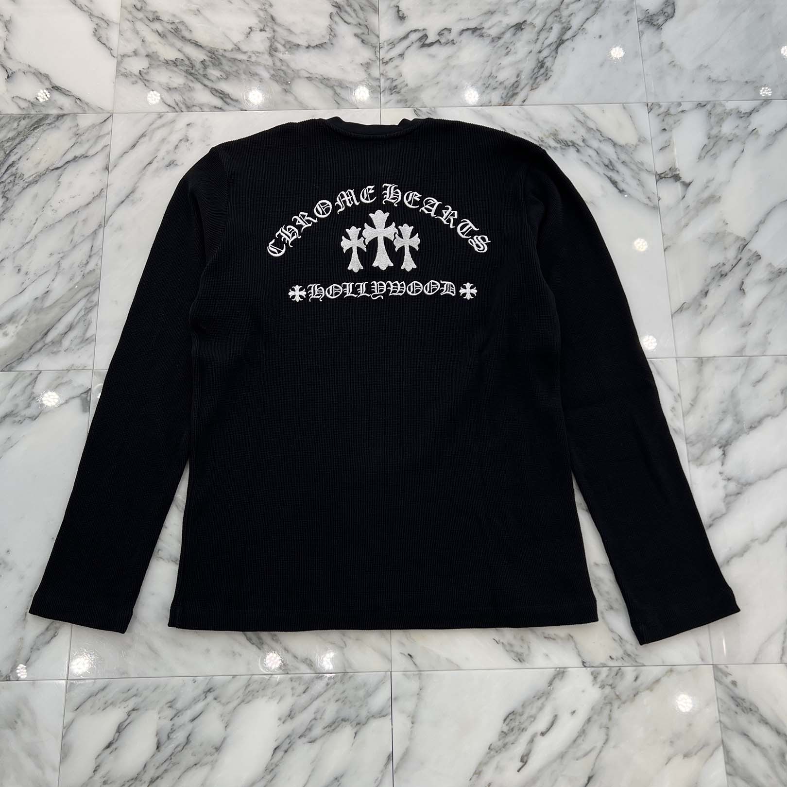 CHROME HEARTS Y NOT King Taco 3 Cemetery Cross Embroidery Thermal Henry Neck Long Sleeve Tee Size XL クロムハ―ツ ワイノット キングタコ 3セメタリークロス刺繍 サーマル ヘンリーネックロングスリーブTシャツ サイズXL