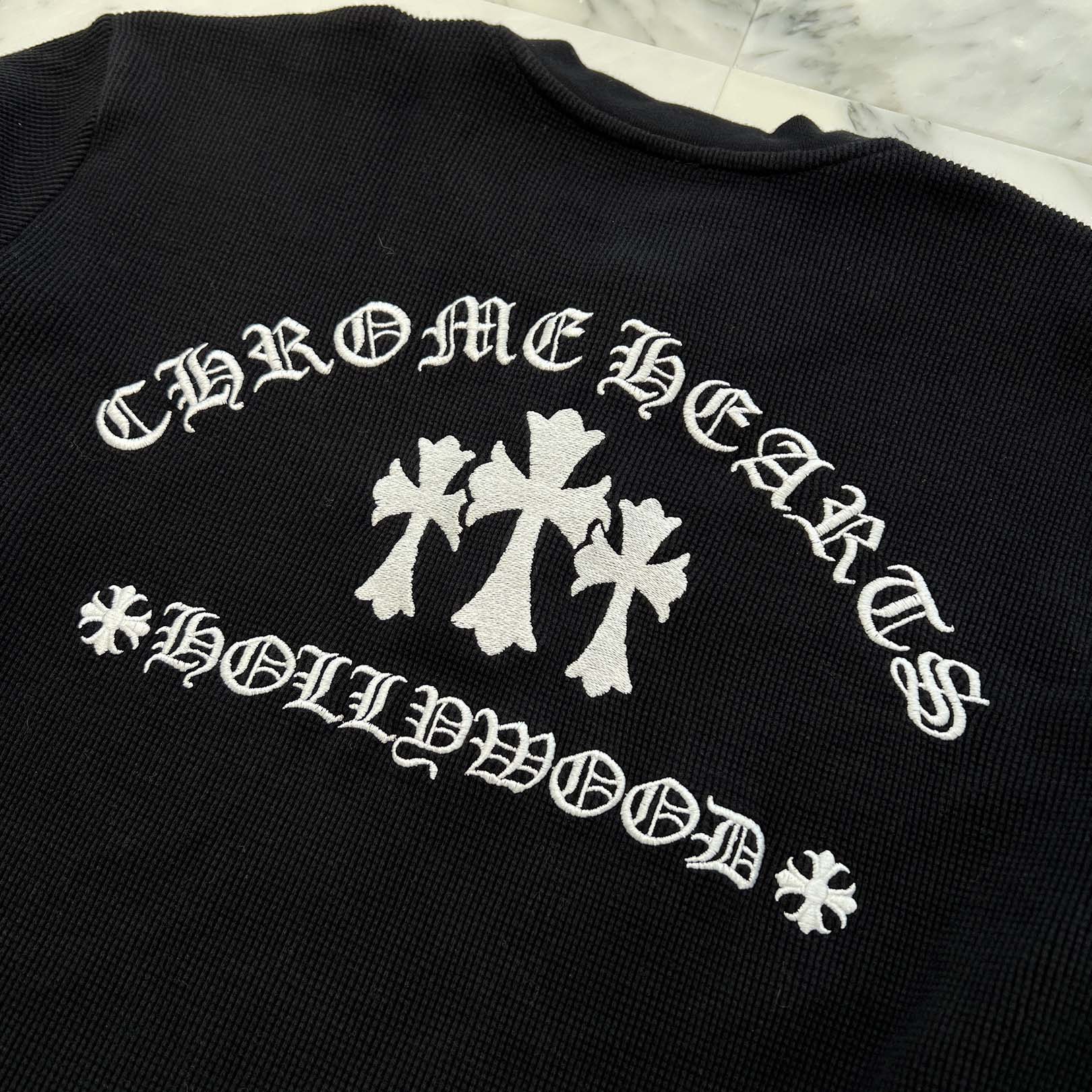 CHROME HEARTS Y NOT King Taco 3 Cemetery Cross Embroidery Thermal Henry Neck Long Sleeve Tee Size XL クロムハ―ツ ワイノット キングタコ 3セメタリークロス刺繍 サーマル ヘンリーネックロングスリーブTシャツ サイズXL