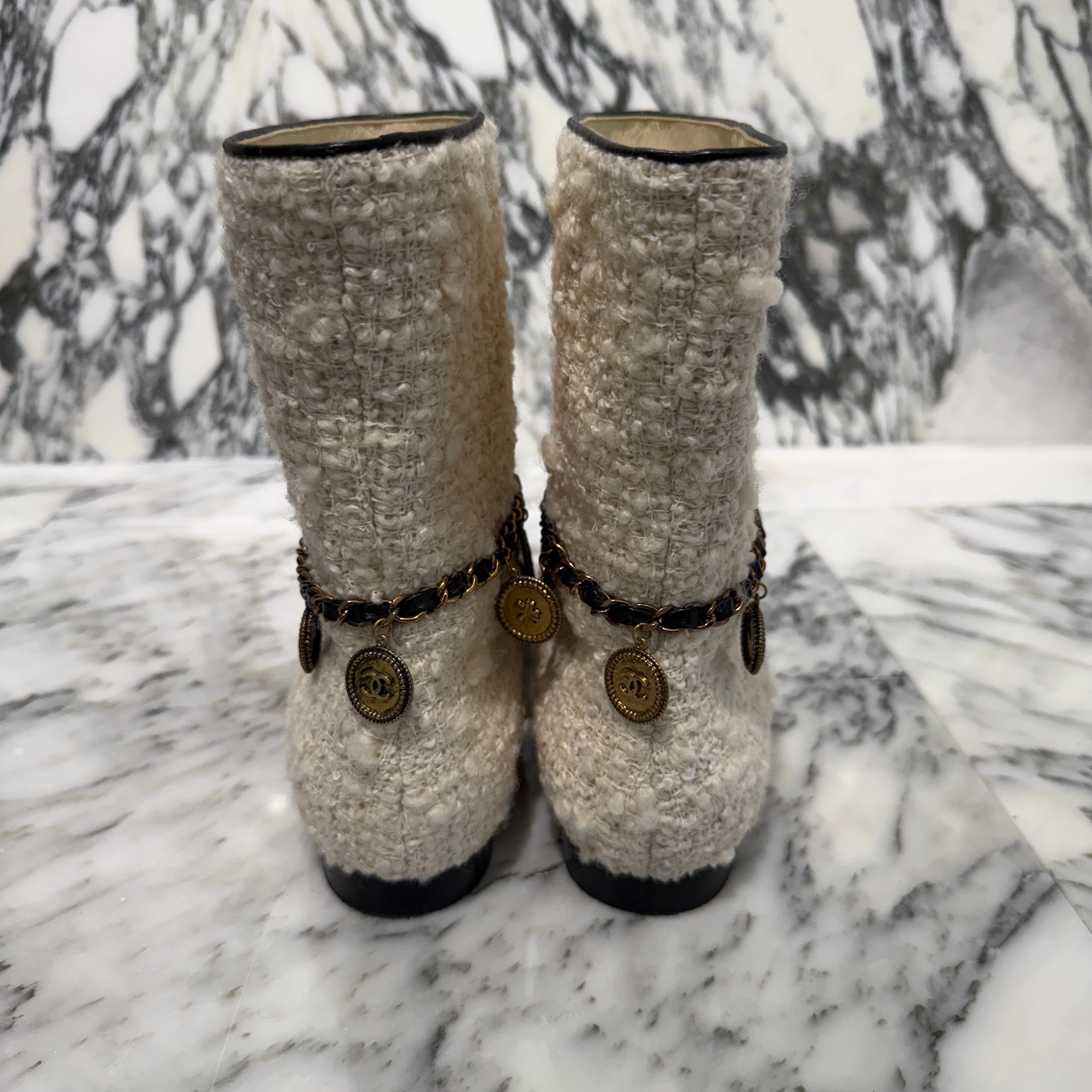 CHANEL CC Coin Charm Tweed Short Boots G32929 Size 36C シャネル CC コインチャーム ツイード ショートブーツ サイズ36C