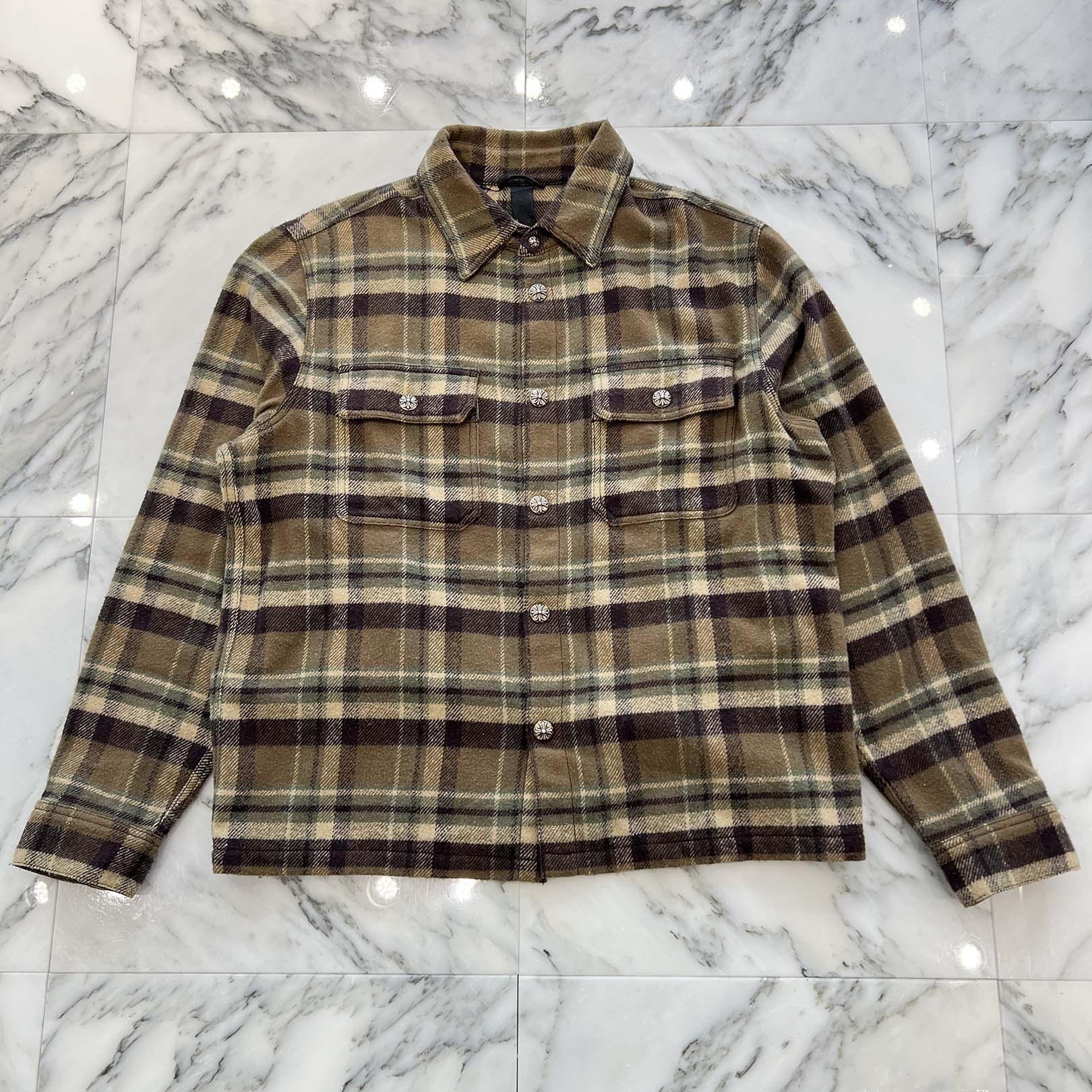 CHROME HEARTS Y NOT Cross Ball Button Flannel Check Shirt Jacket Size L クロムハーツ ワイノット クロスボールボタン フランネル チェック シャツジャケット サイズL