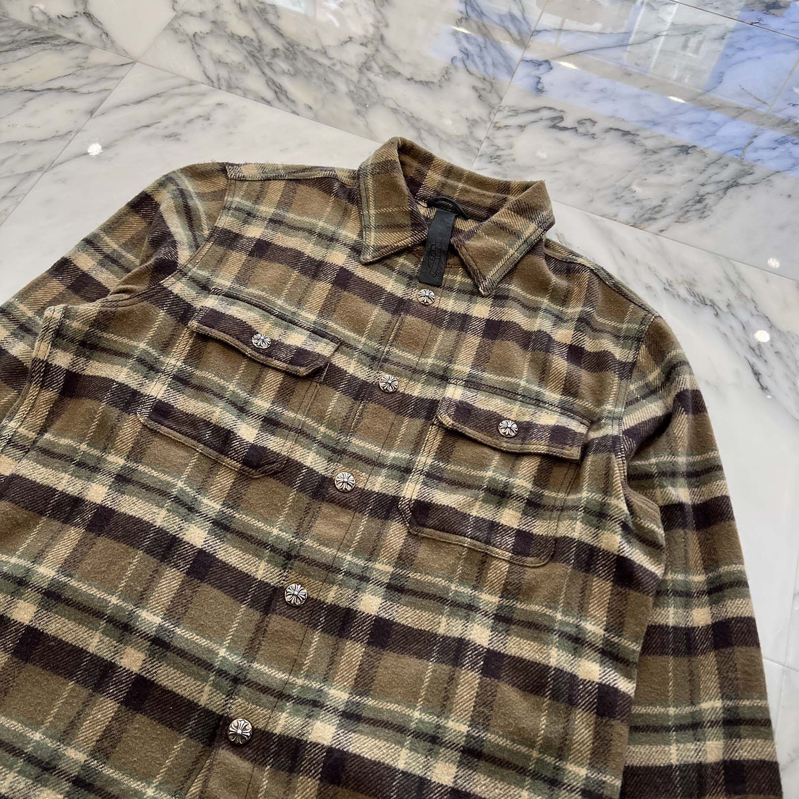 CHROME HEARTS Y NOT Cross Ball Button Flannel Check Shirt Jacket Size L クロムハーツ ワイノット クロスボールボタン フランネル チェック シャツジャケット サイズL
