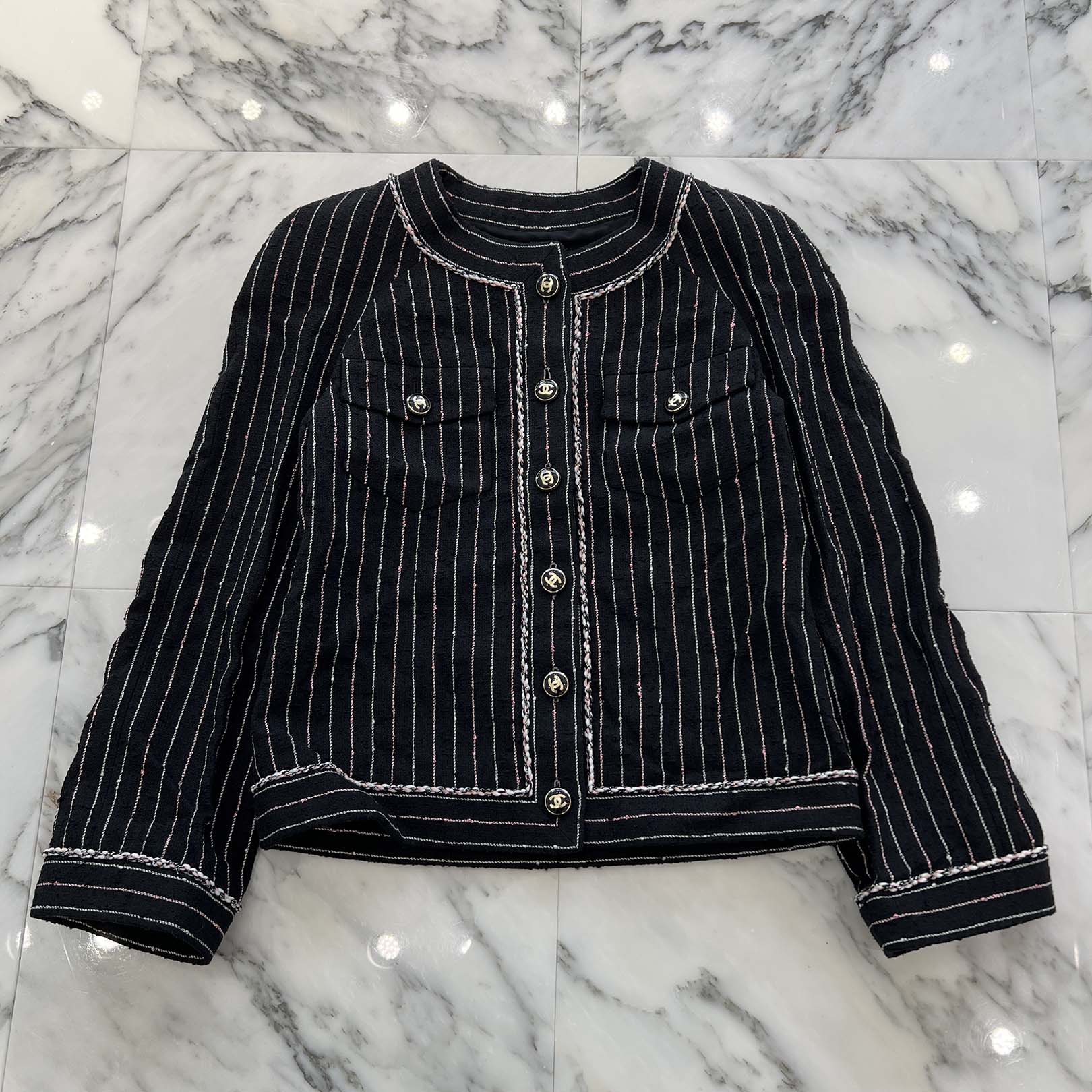 CHANEL 2023SS Coco Mark Button Stripe Collarless Jacket P74419