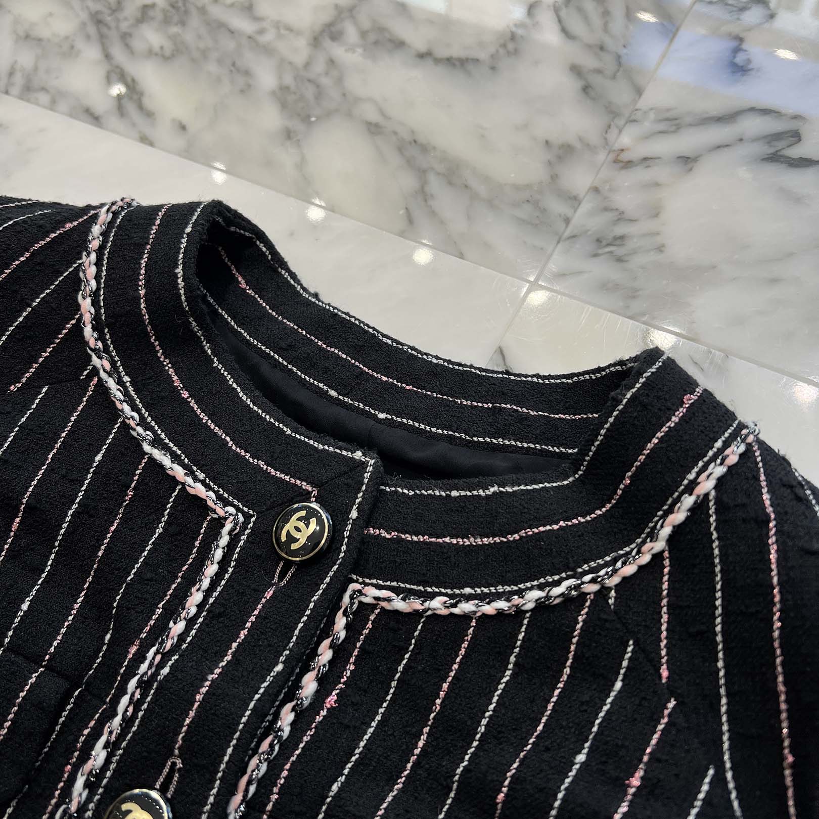CHANEL 2023SS Coco Mark Button Stripe Collarless Jacket P74419 V65934 NM449 Size 36 シャネル ココマークボタンストライプノーカラージャケット サイズ36