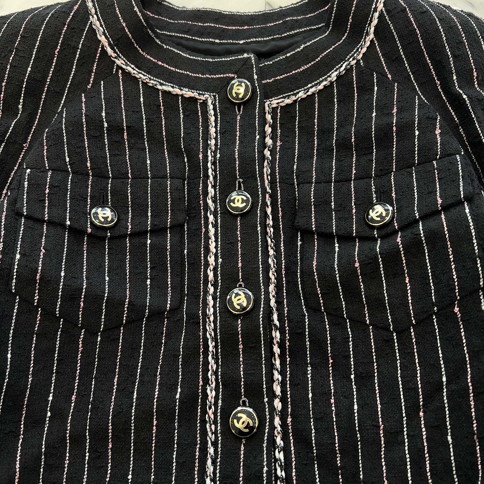 CHANEL 2023SS Coco Mark Button Stripe Collarless Jacket P74419 V65934 NM449 Size 36 シャネル ココマークボタンストライプノーカラージャケット サイズ36