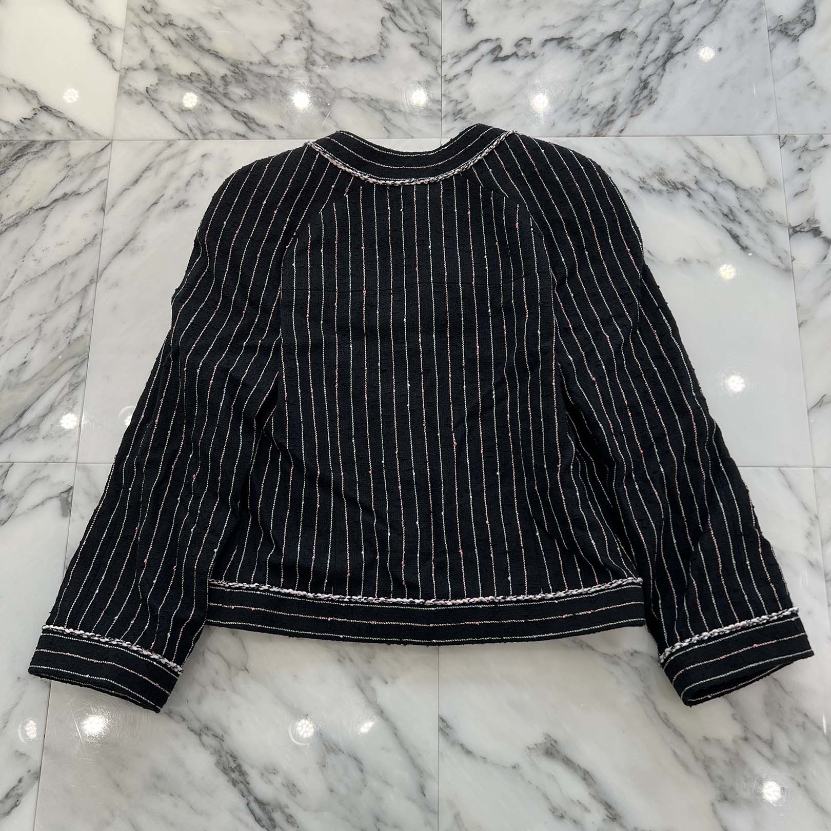 CHANEL 2023SS Coco Mark Button Stripe Collarless Jacket P74419 V65934 NM449 Size 36 シャネル ココマークボタンストライプノーカラージャケット サイズ36