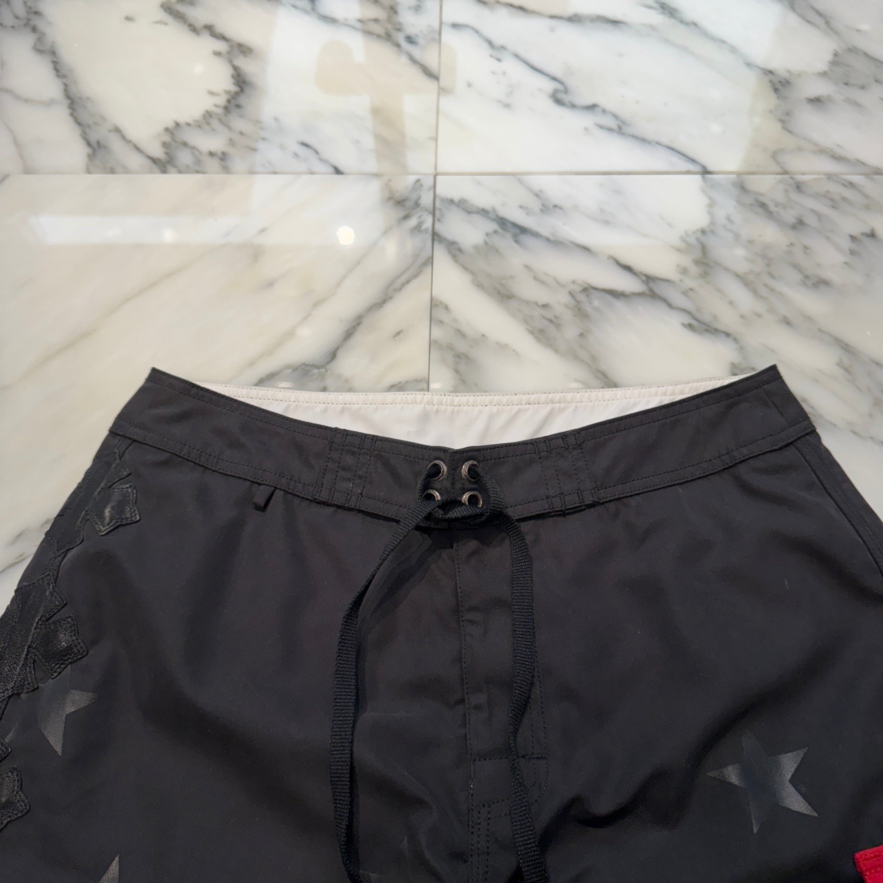 CHROME HEARTS Cross Flare Leather Patch Star Print Swim Pants Size 30 クロムハーツ クロスフレア レザーパッチ スタープリント スウィムパンツ サイズ30