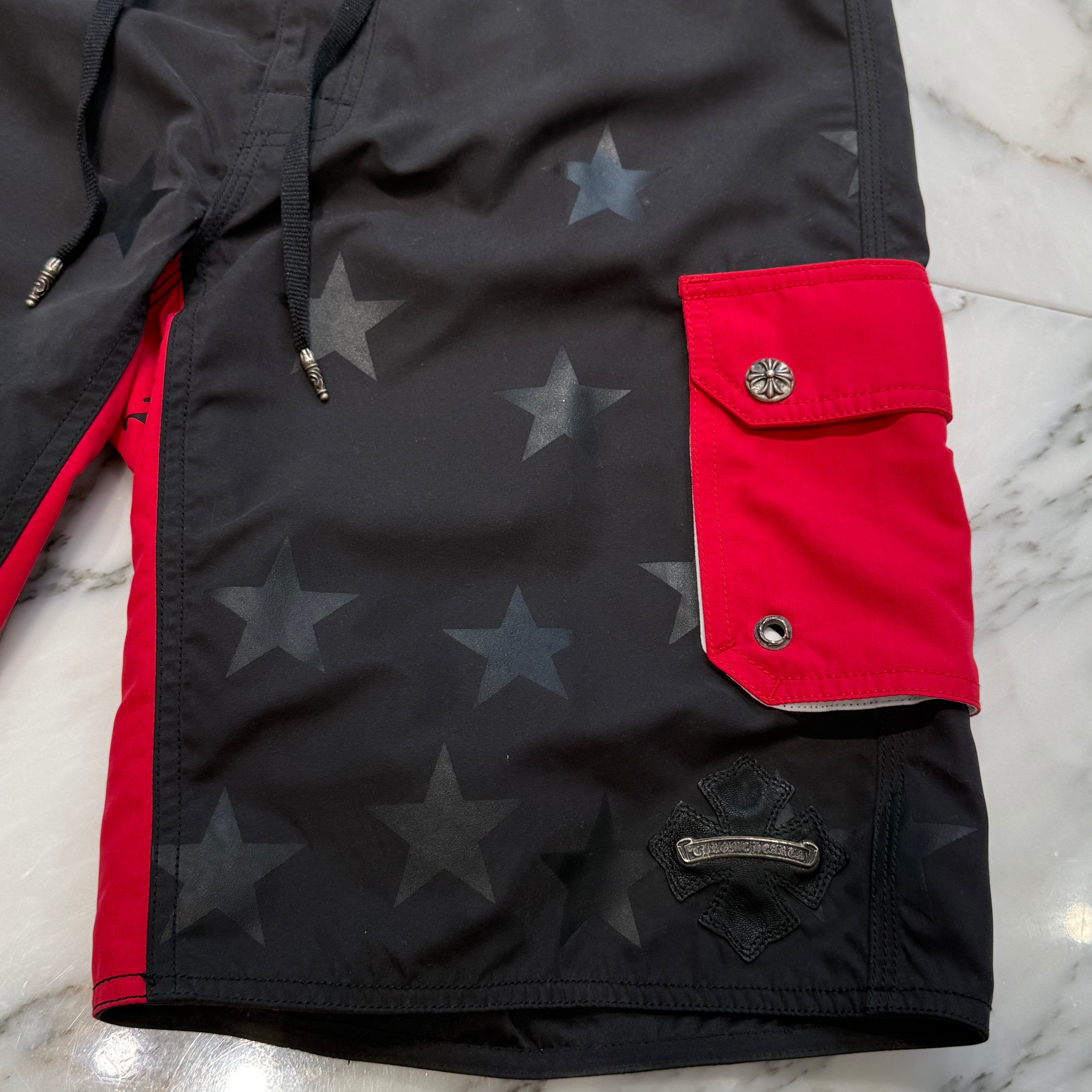 CHROME HEARTS Cross Flare Leather Patch Star Print Swim Pants Size 30 クロムハーツ クロスフレア レザーパッチ スタープリント スウィムパンツ サイズ30