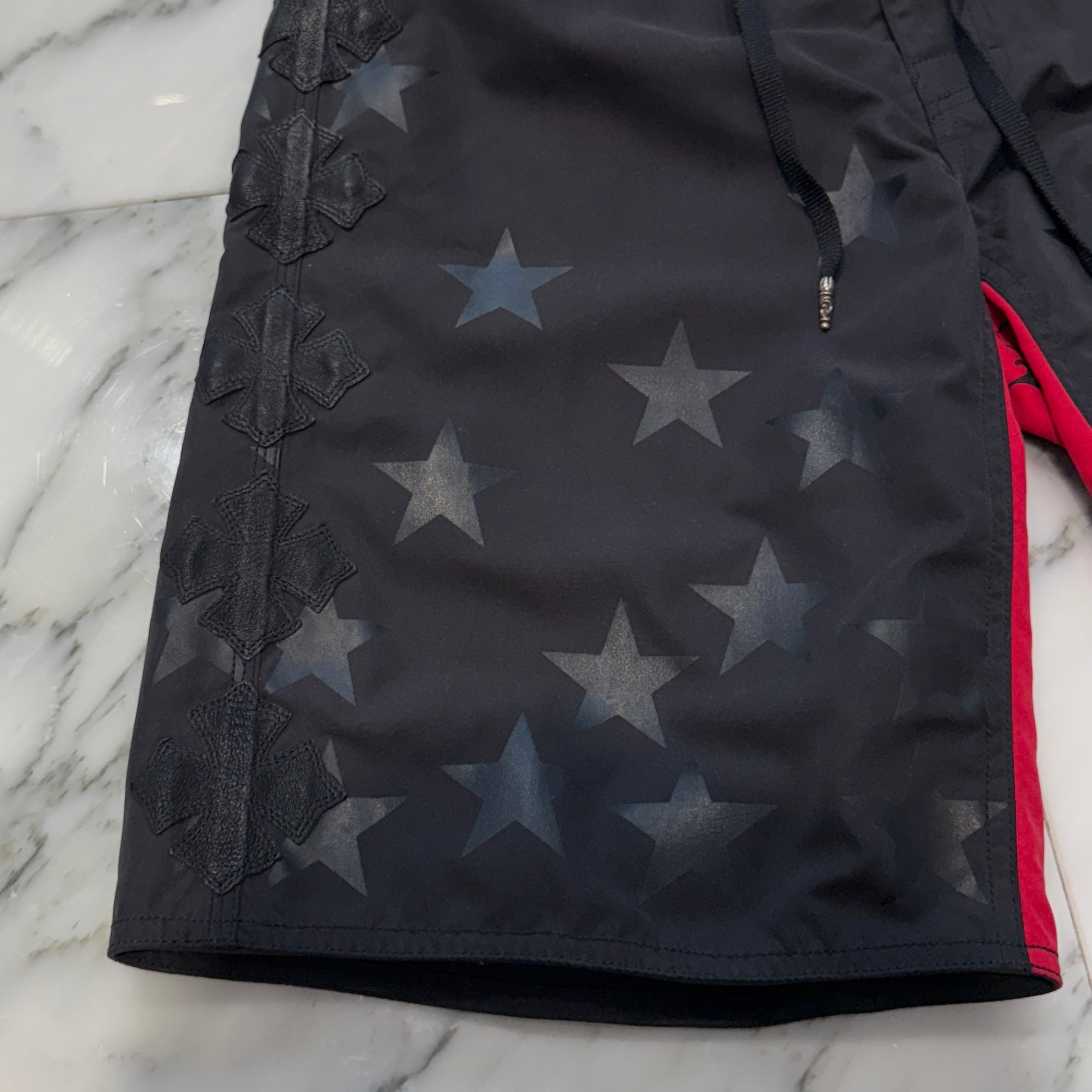 CHROME HEARTS Cross Flare Leather Patch Star Print Swim Pants Size 30 クロムハーツ クロスフレア レザーパッチ スタープリント スウィムパンツ サイズ30