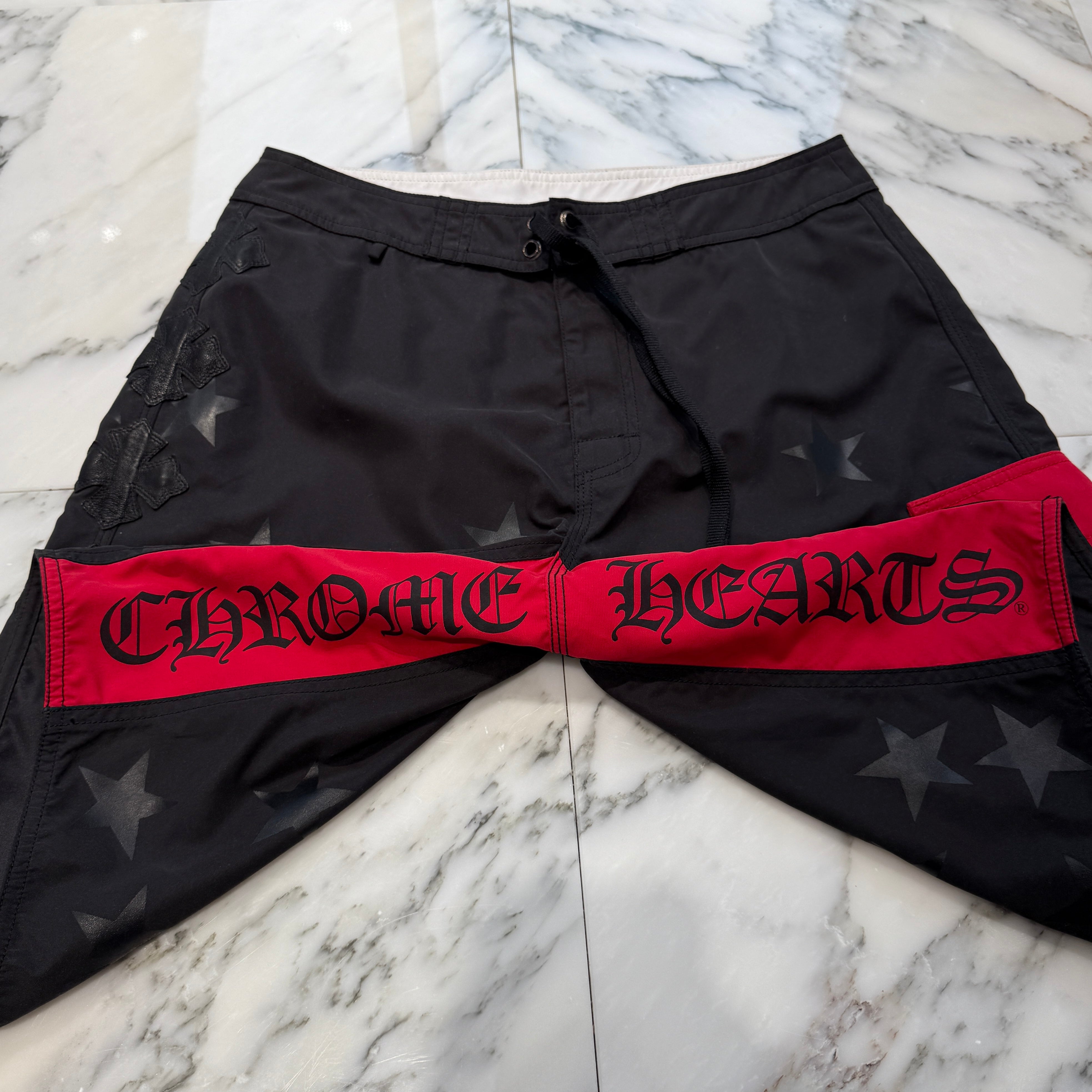 CHROME HEARTS Cross Flare Leather Patch Star Print Swim Pants Size 30 クロムハーツ クロスフレア レザーパッチ スタープリント スウィムパンツ サイズ30