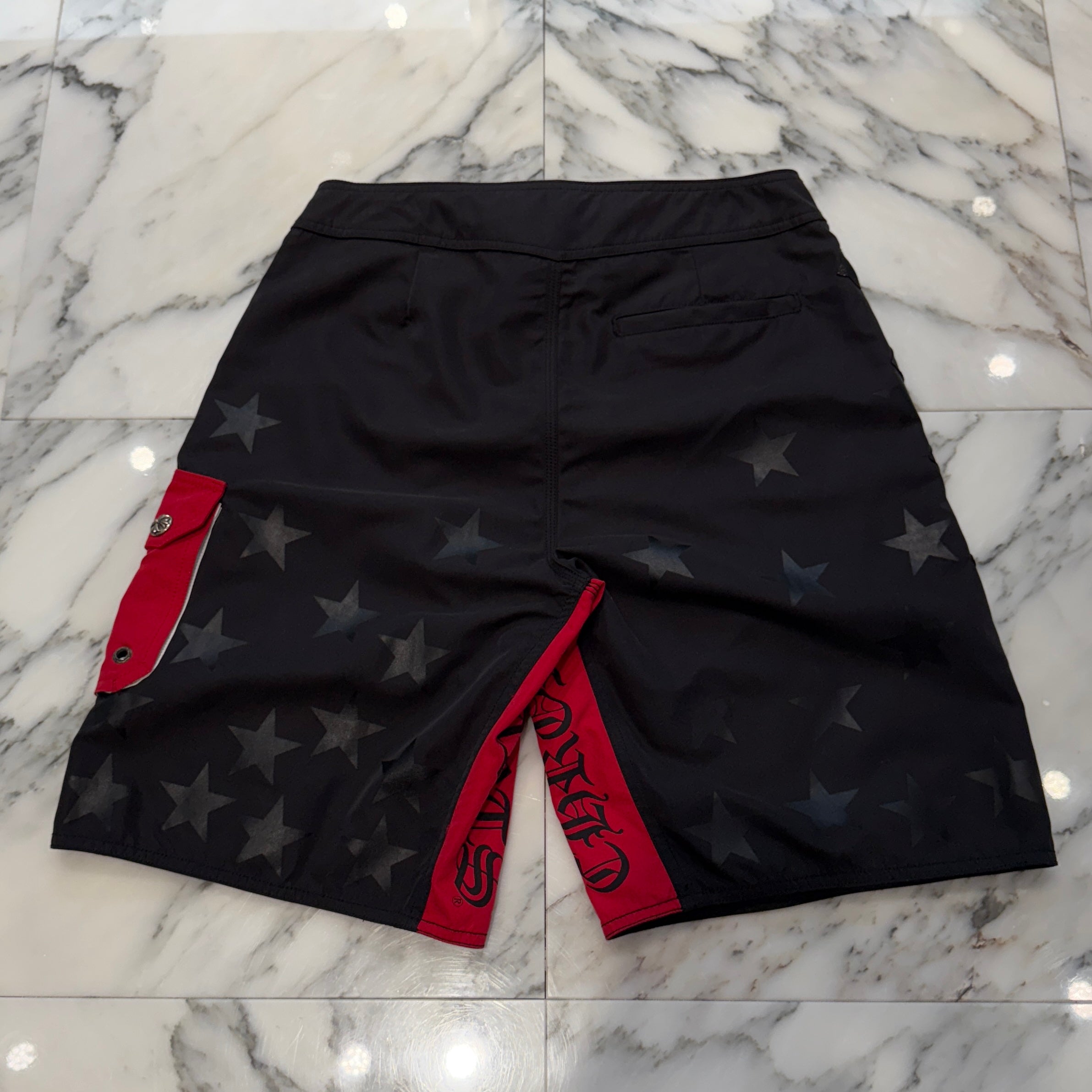 CHROME HEARTS Cross Flare Leather Patch Star Print Swim Pants Size 30 クロムハーツ クロスフレア レザーパッチ スタープリント スウィムパンツ サイズ30
