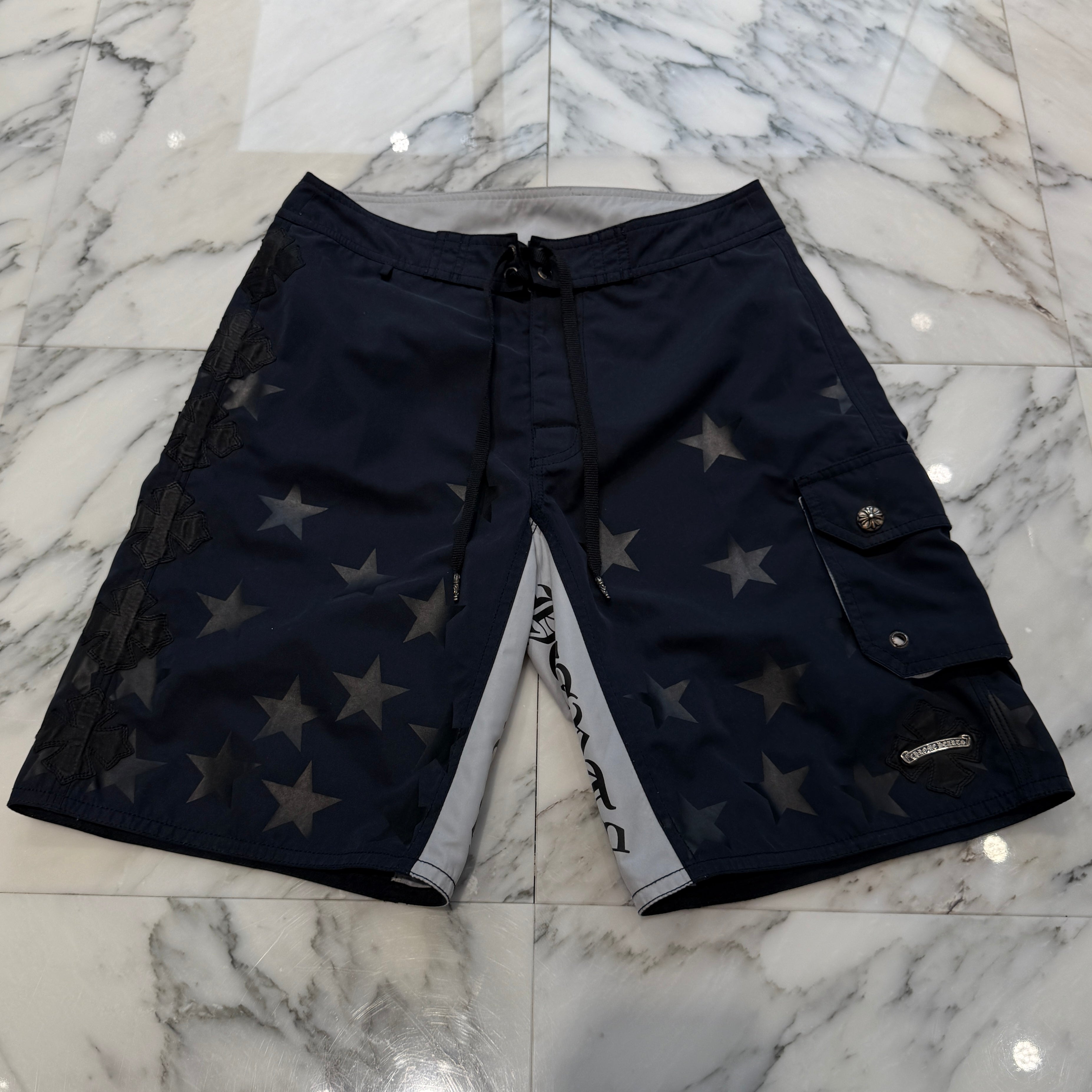 CHROME HEARTS Cross Flare Leather Patch Star Print Swim Pants Size 30 クロムハーツ クロスフレア レザーパッチ スタープリント スウィムパンツ サイズ30