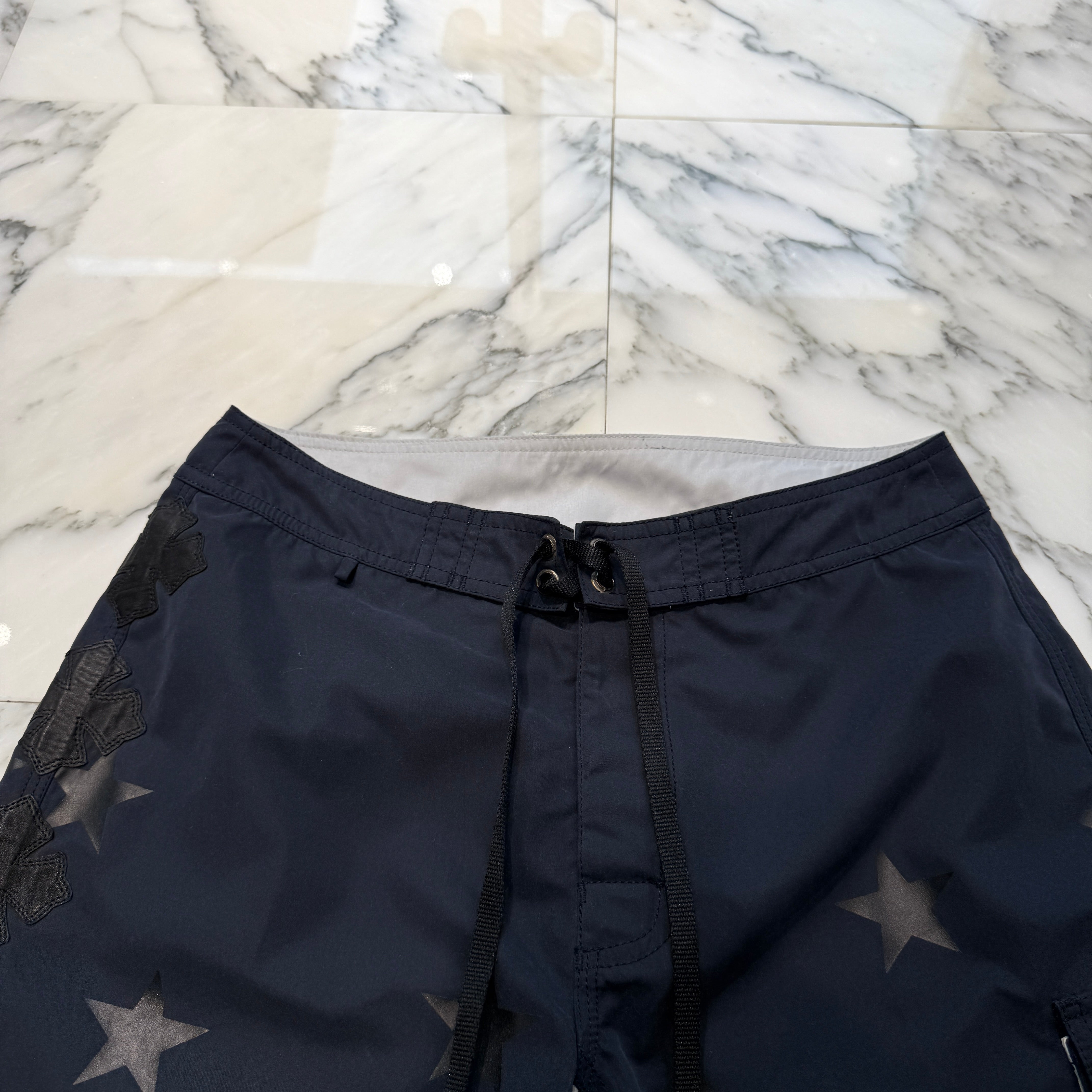 CHROME HEARTS Cross Flare Leather Patch Star Print Swim Pants Size 30 クロムハーツ クロスフレア レザーパッチ スタープリント スウィムパンツ サイズ30