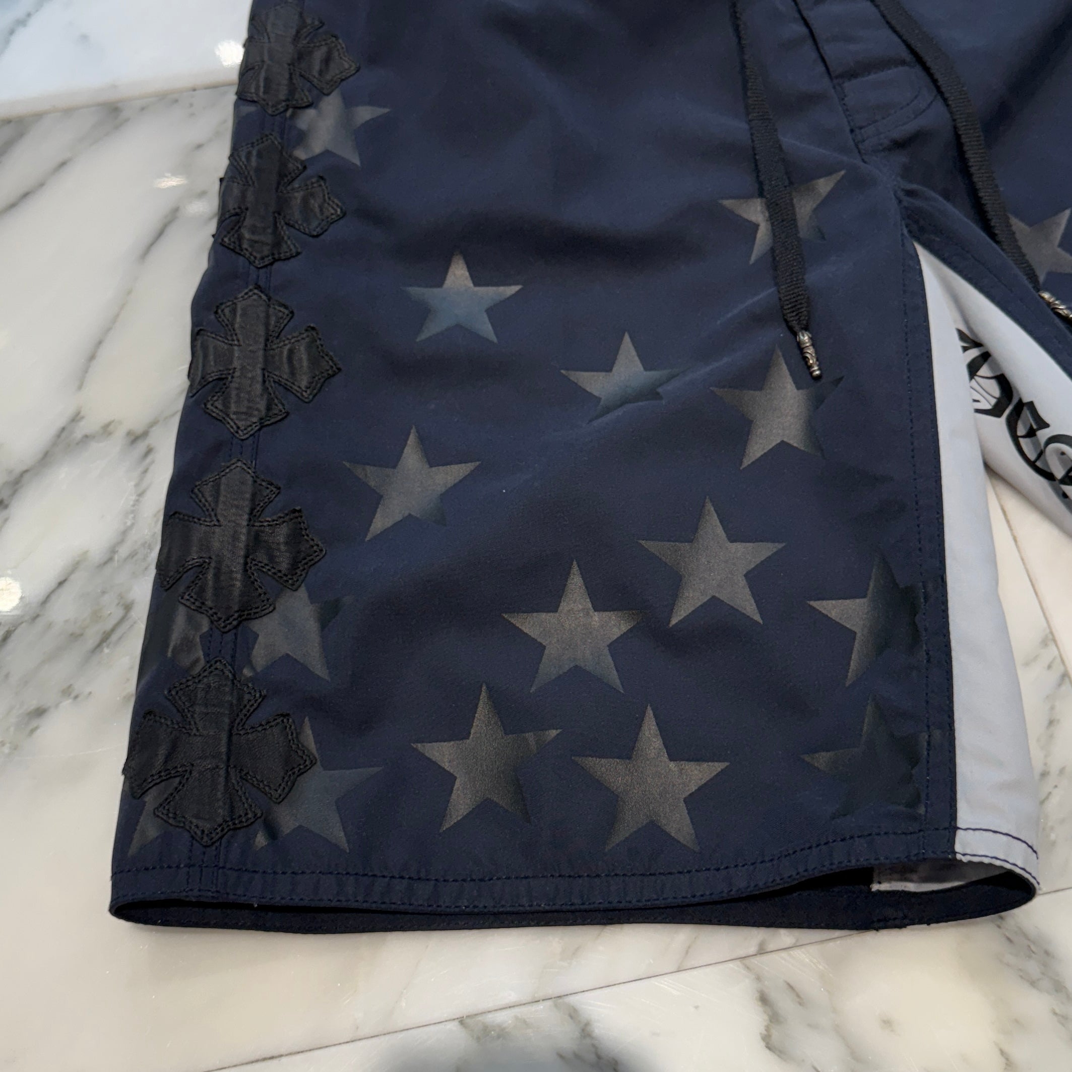 CHROME HEARTS Cross Flare Leather Patch Star Print Swim Pants Size 30 クロムハーツ クロスフレア レザーパッチ スタープリント スウィムパンツ サイズ30