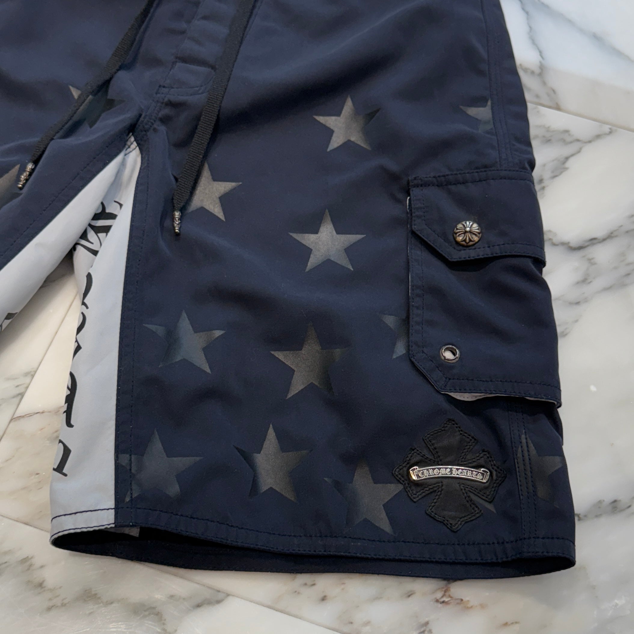 CHROME HEARTS Cross Flare Leather Patch Star Print Swim Pants Size 30 クロムハーツ クロスフレア レザーパッチ スタープリント スウィムパンツ サイズ30