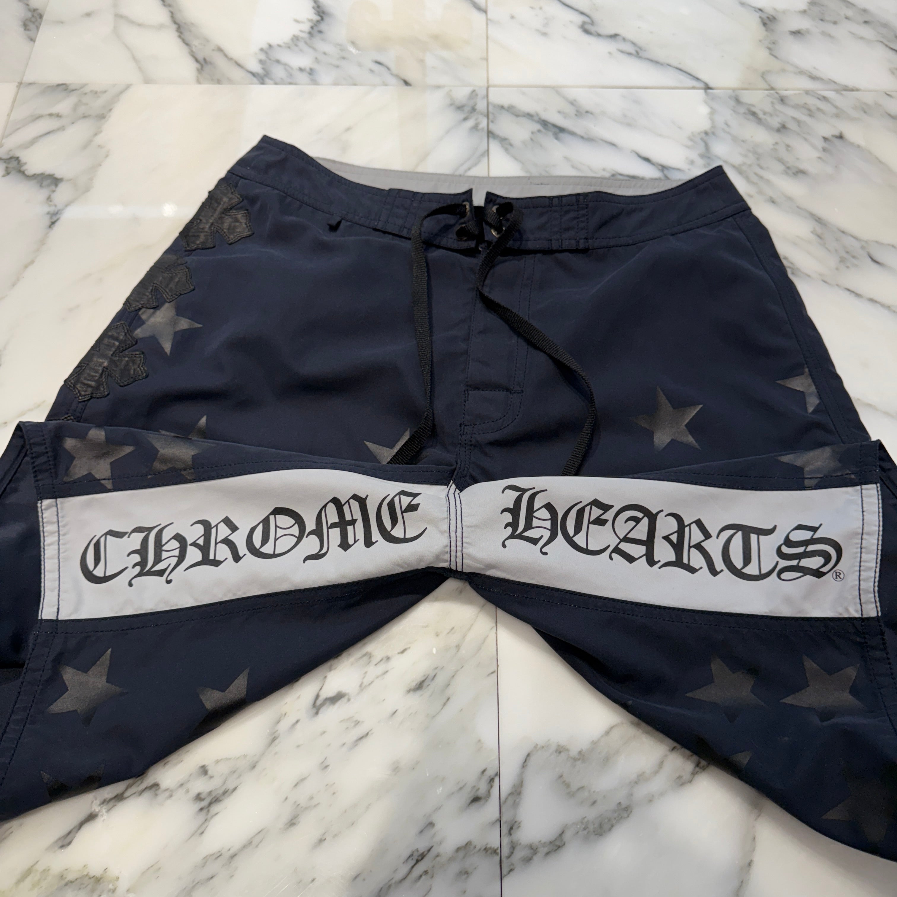 CHROME HEARTS Cross Flare Leather Patch Star Print Swim Pants Size 30 クロムハーツ クロスフレア レザーパッチ スタープリント スウィムパンツ サイズ30