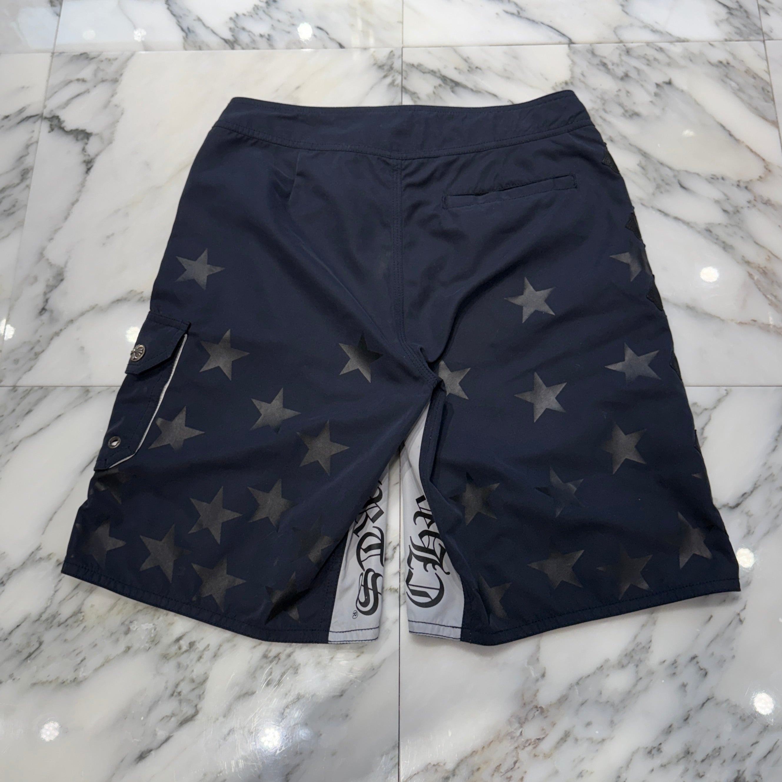 CHROME HEARTS Cross Flare Leather Patch Star Print Swim Pants Size 30 クロムハーツ クロスフレア レザーパッチ スタープリント スウィムパンツ サイズ30