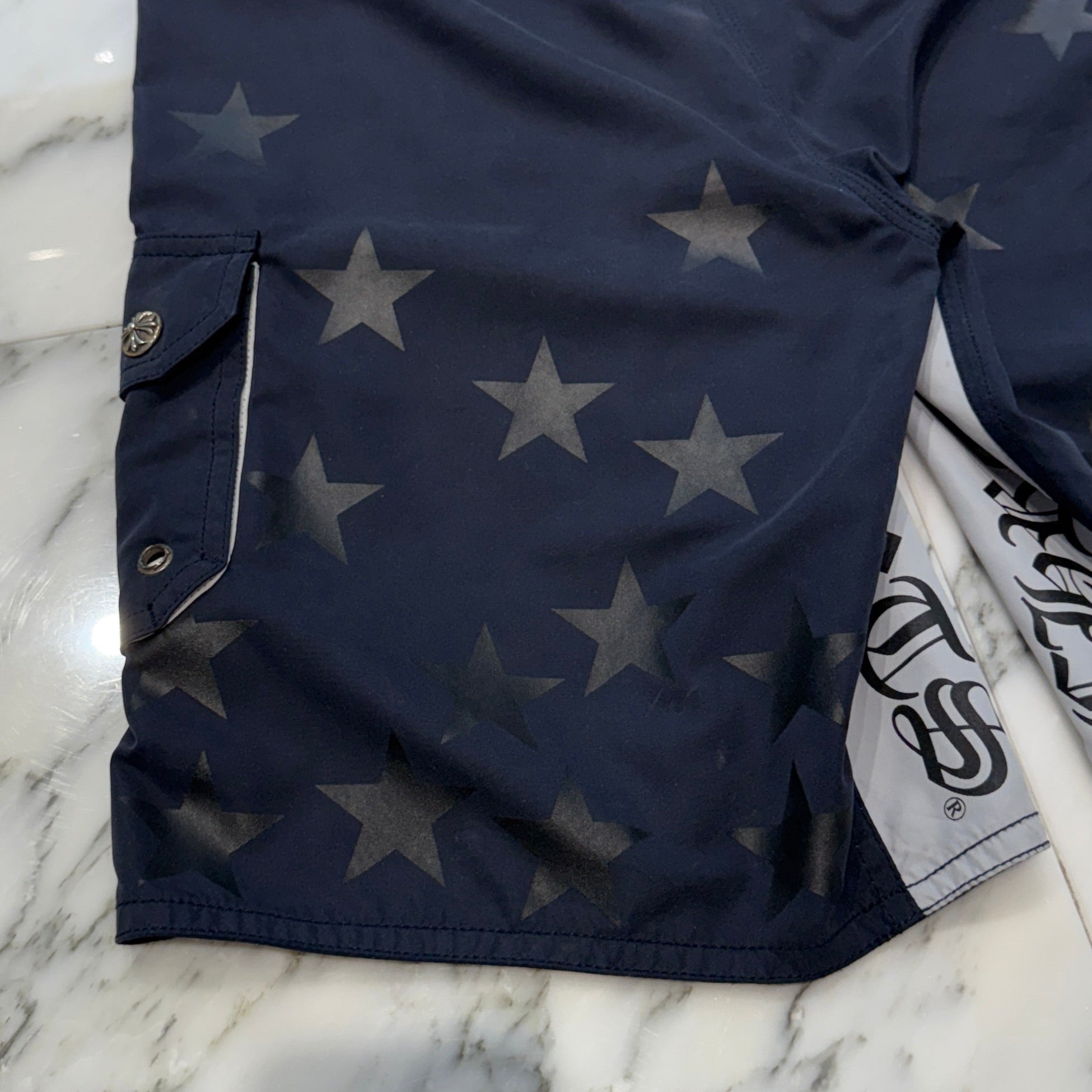 CHROME HEARTS Cross Flare Leather Patch Star Print Swim Pants Size 30 クロムハーツ クロスフレア レザーパッチ スタープリント スウィムパンツ サイズ30