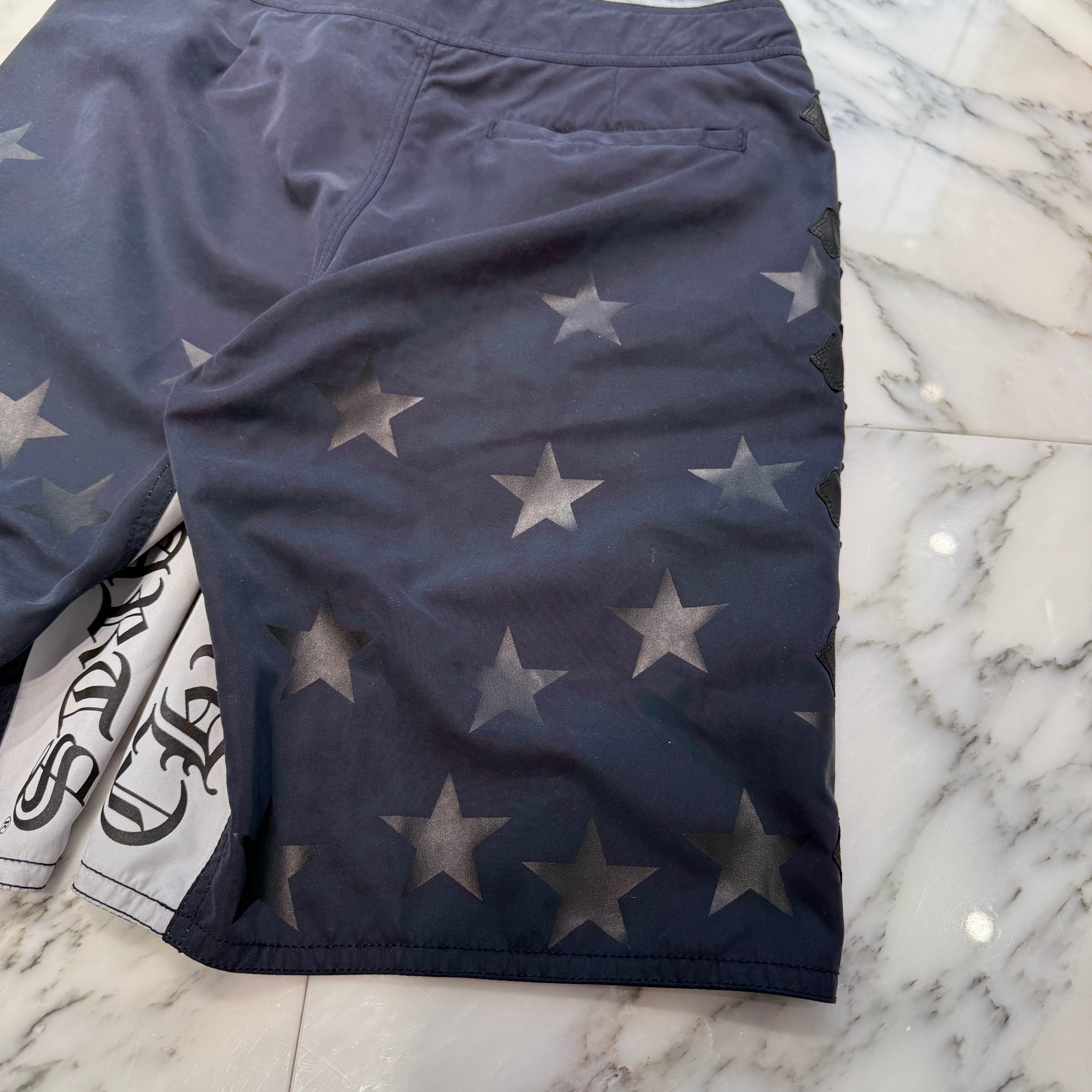 CHROME HEARTS Cross Flare Leather Patch Star Print Swim Pants Size 30 クロムハーツ クロスフレア レザーパッチ スタープリント スウィムパンツ サイズ30