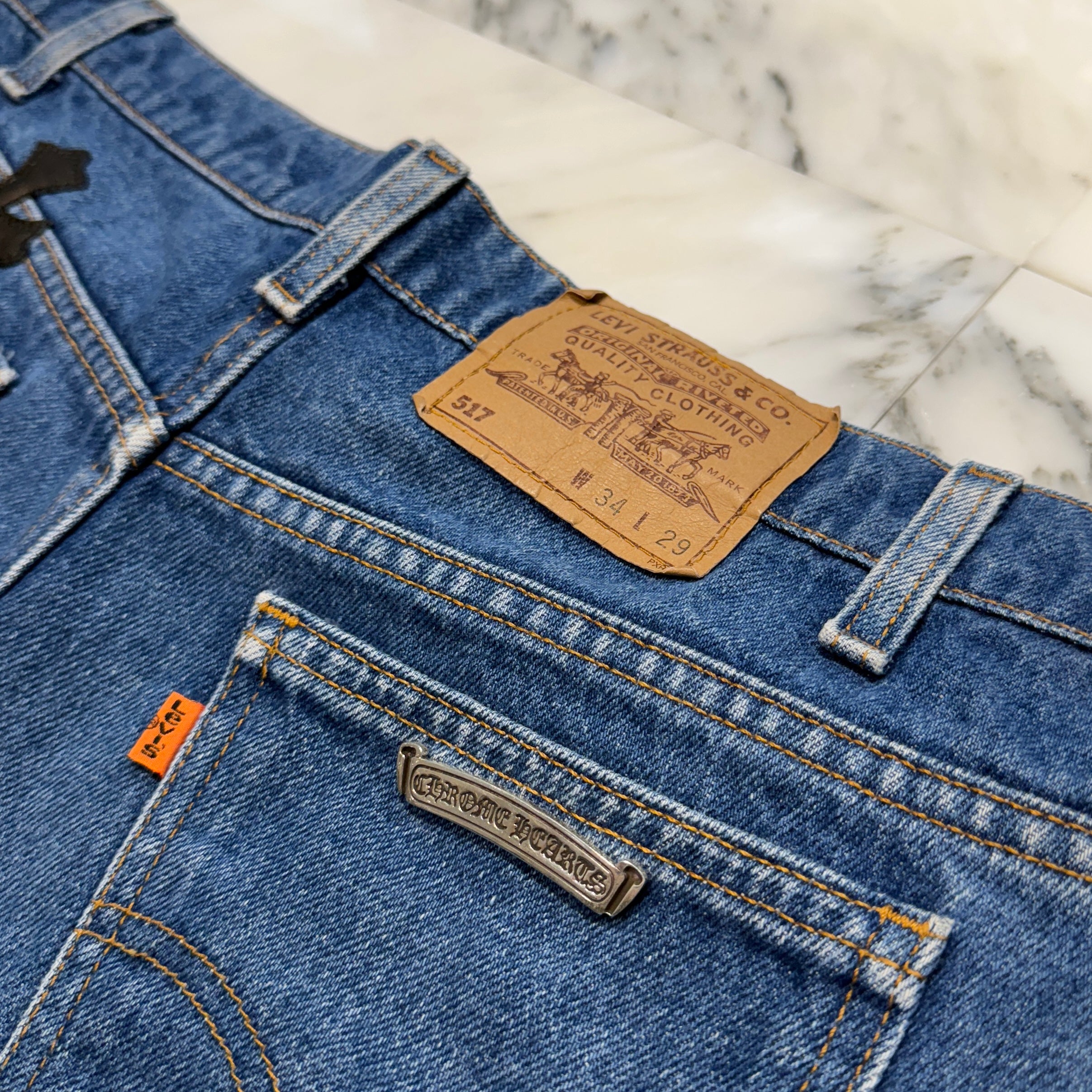 クロムハーツ ×リーバイス LEVI'S クロスパッチ付きデニムスカート 27 CHROME HEARTS × Levi's 517 VNTG Cross Leather Patch Denim Skirt