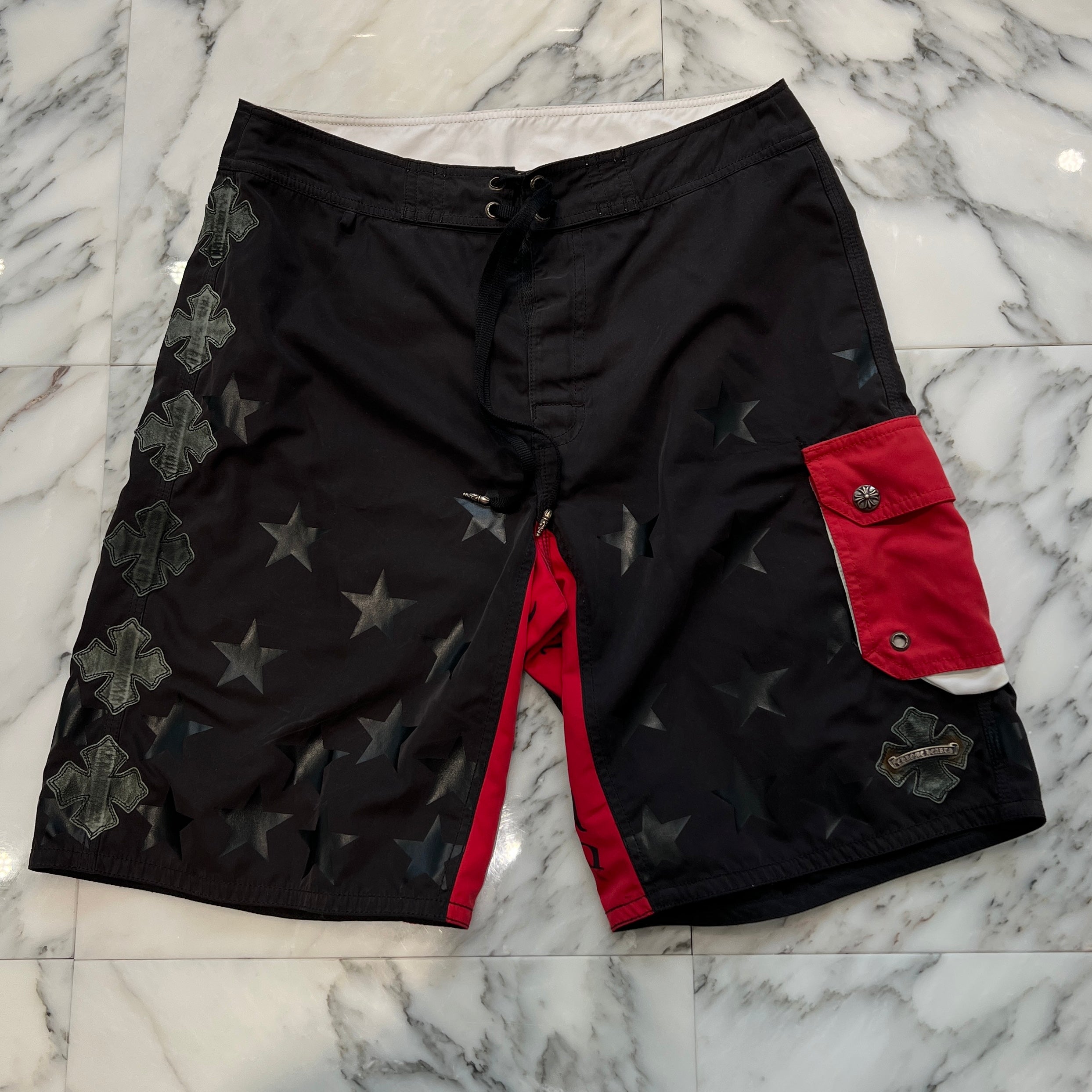 CHROME HEARTS Cross Flare Leather Patch Star Print Swim Pants Size 33 クロムハーツ クロスフレア レザーパッチ スタープリント スウィムパンツ サイズ33