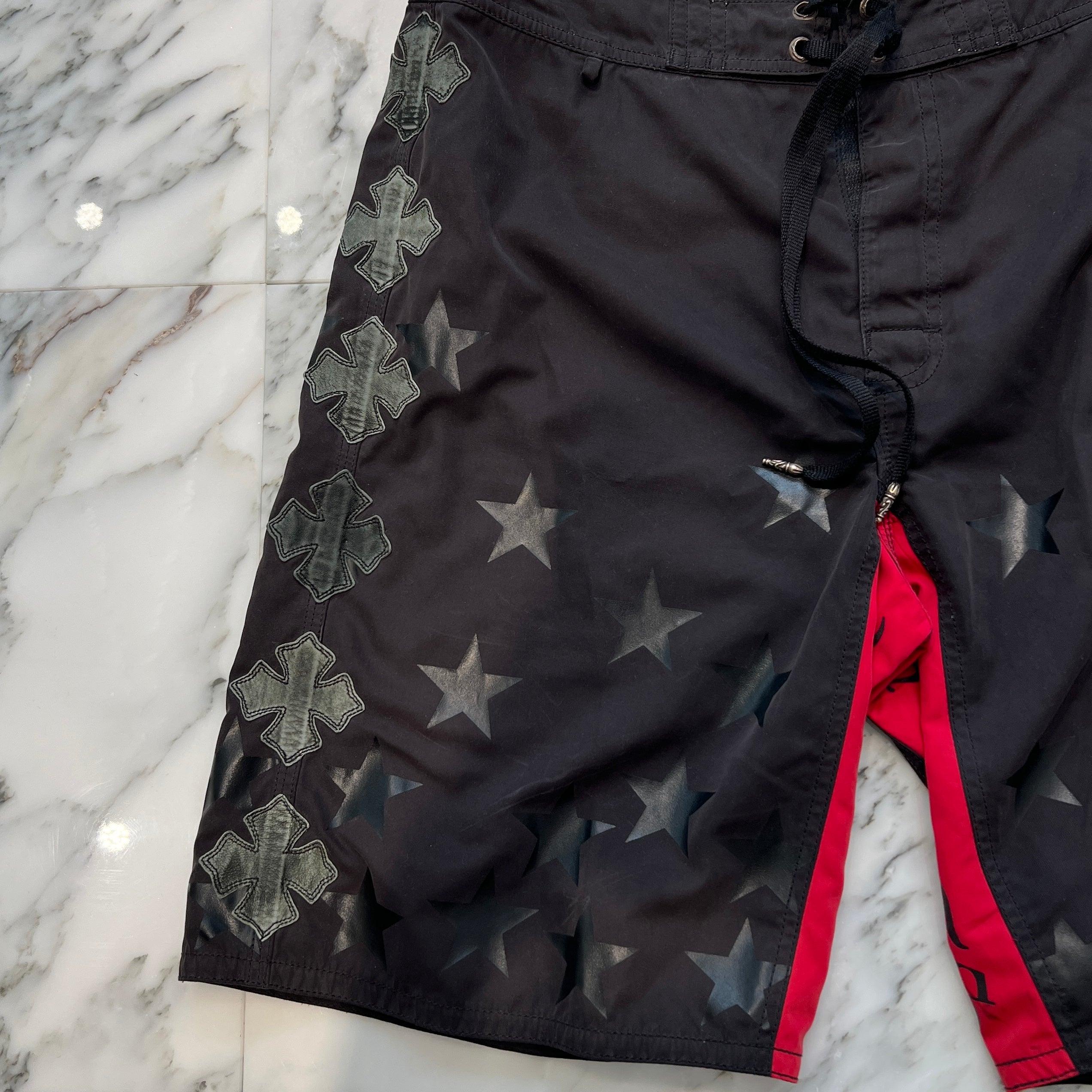CHROME HEARTS Cross Flare Leather Patch Star Print Swim Pants Size 33 クロムハーツ クロスフレア レザーパッチ スタープリント スウィムパンツ サイズ33