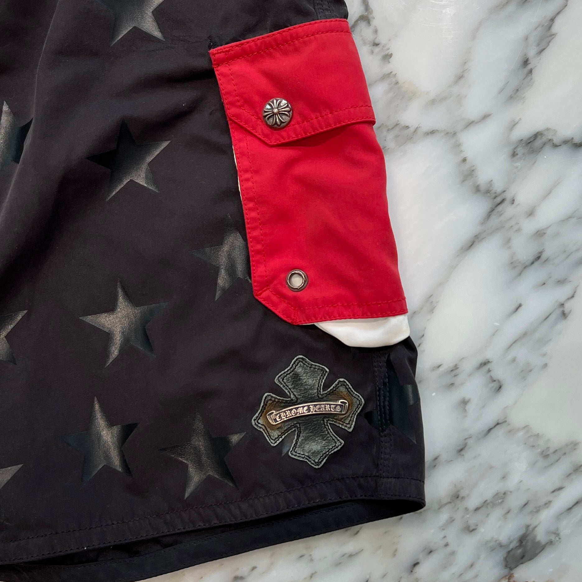 CHROME HEARTS Cross Flare Leather Patch Star Print Swim Pants Size 33 クロムハーツ クロスフレア レザーパッチ スタープリント スウィムパンツ サイズ33