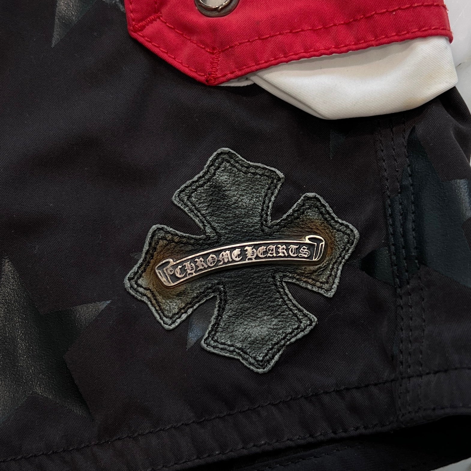 CHROME HEARTS Cross Flare Leather Patch Star Print Swim Pants Size 33 クロムハーツ クロスフレア レザーパッチ スタープリント スウィムパンツ サイズ33