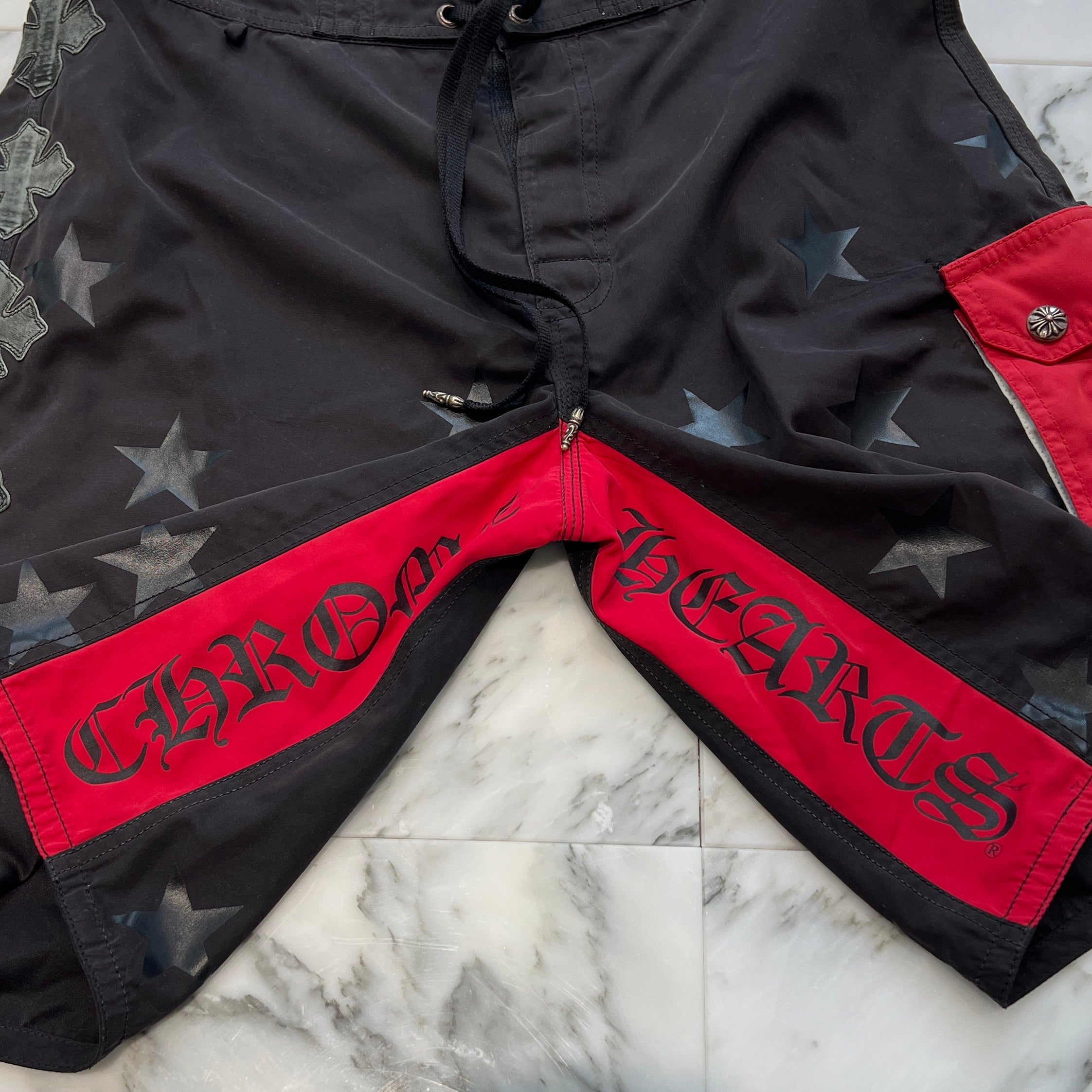 CHROME HEARTS Cross Flare Leather Patch Star Print Swim Pants Size 33 クロムハーツ クロスフレア レザーパッチ スタープリント スウィムパンツ サイズ33
