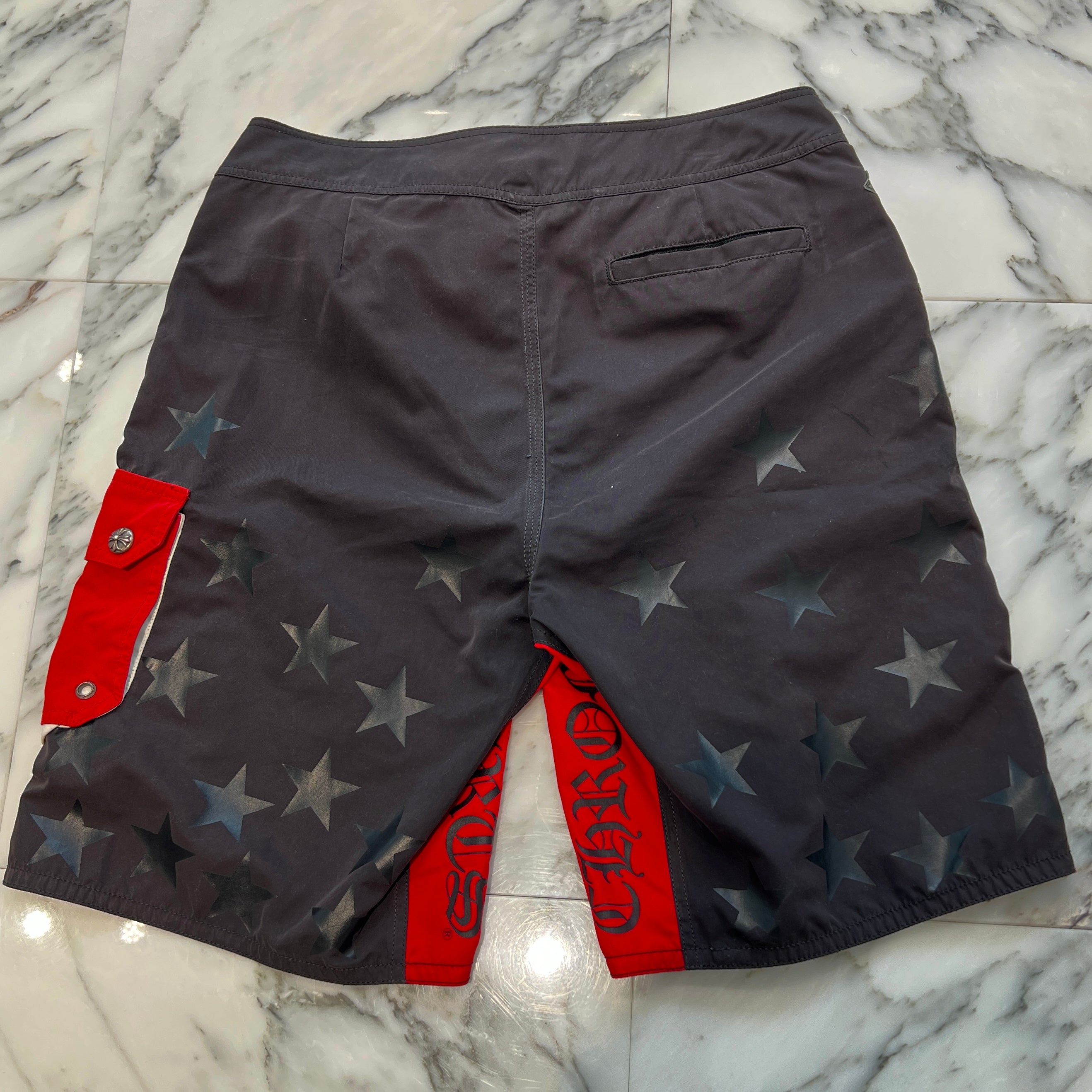 CHROME HEARTS Cross Flare Leather Patch Star Print Swim Pants Size 33 クロムハーツ クロスフレア レザーパッチ スタープリント スウィムパンツ サイズ33